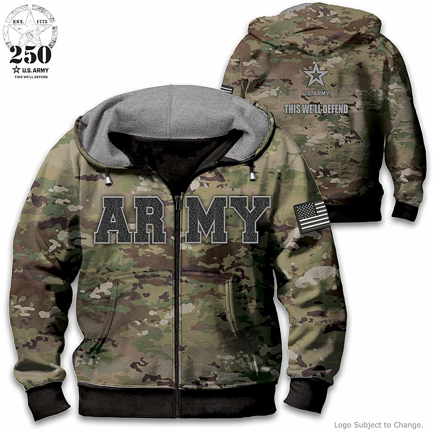 Military Camo U.S. Army Mens Cotton Blend Full Zip Hoodie Featuring A Tonal Gray And Green Camouflage Print Design With A Thermal Knit Lined Hood