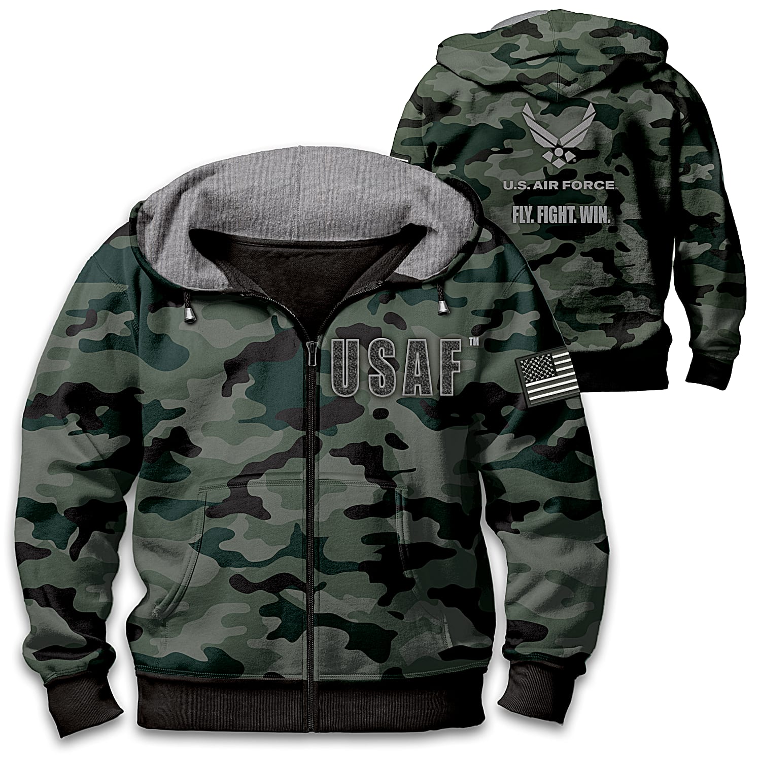 Military Camo U.S. Air Force Mens Cotton Blend Full Zip Hoodie Featuring A Tonal Gray And Green Camouflage Print Design With A Thermal Knit Lined Hood