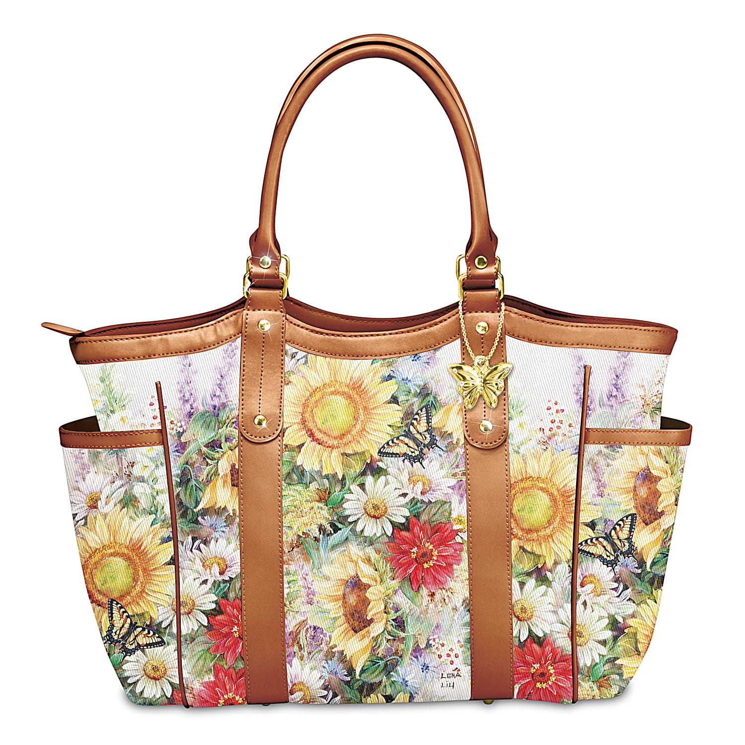 Sunflower Splendor Womens Designer Style Shoulder Tote Bag With Tan Faux Leather Trim Golden Hardware Featuring Floral Art By Artist Lena Liu