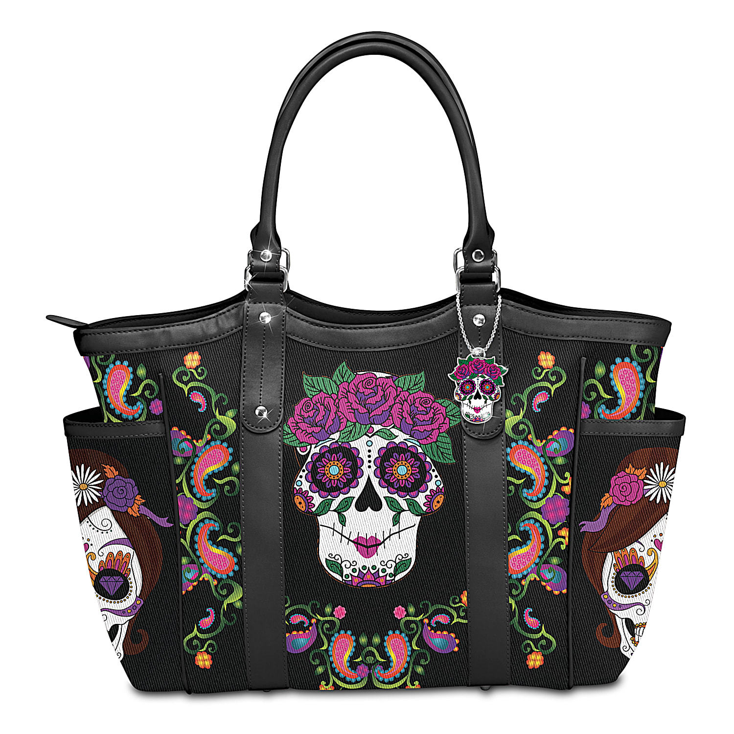 Sweet Spirits Black Poly Twill Shoulder Tote Bag With Black Faux Leather Trim Featuring Vibrant Sugar Skull Artwork Inspired By Dia De Los Muertos