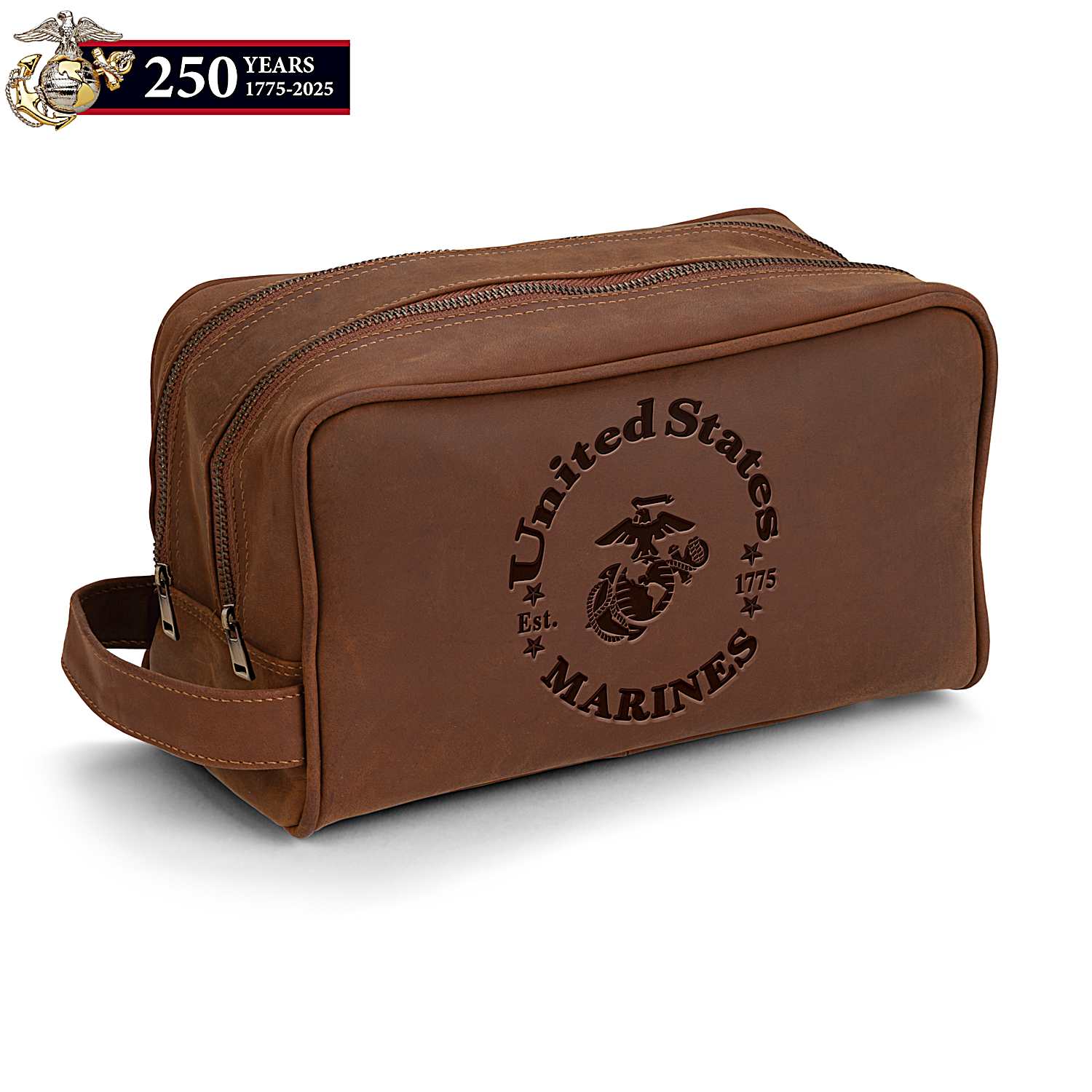 U.S. Marines Brown Faux Leather Toiletry Bag Featuring An Embossed