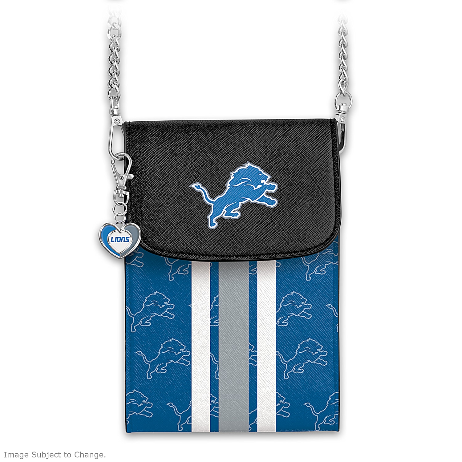 Detroit Lions NFL Crossbody Cell Phone Handbag Featuring Team-Color  Vertical Stripes & A Repeating Logo Pattern With Heart-Shaped Charm