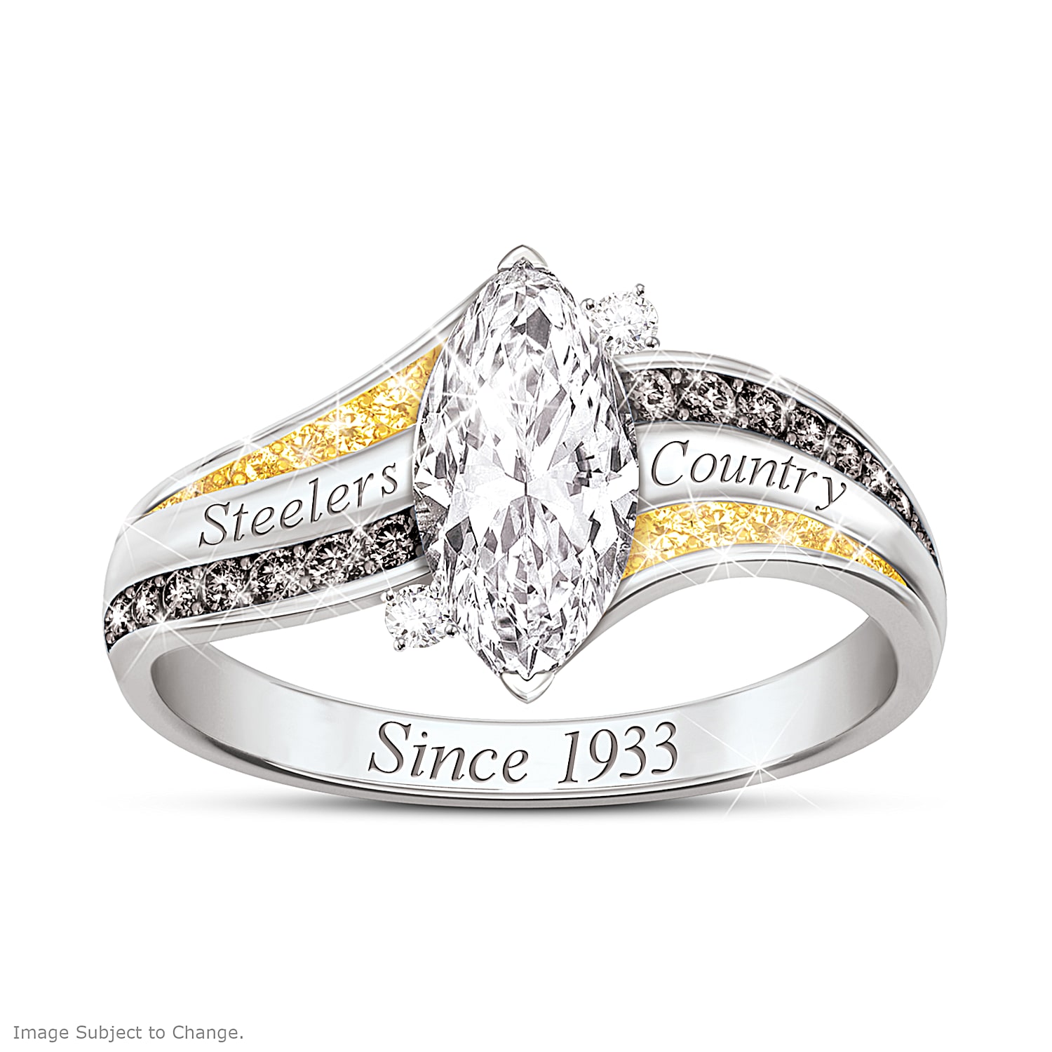 My Pittsburgh Steelers Showstopper Pride Sterling Silver Ring Featuring A Marquise Shaped Simulated Diamond Adorned With 36 Crystals In Team Colors