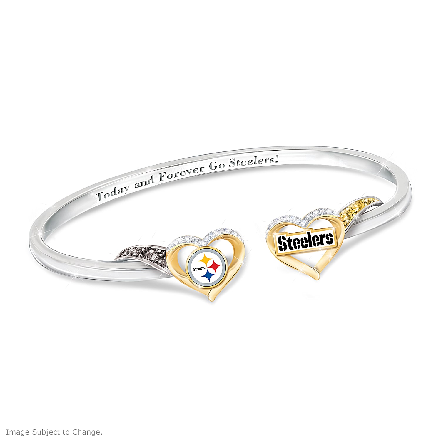 Pride Of Pittsburgh Womens NFL Bangle Bracelet With 18K Gold Plated Accents Adorned With Team Logos And Crystal Accents In Team Colors