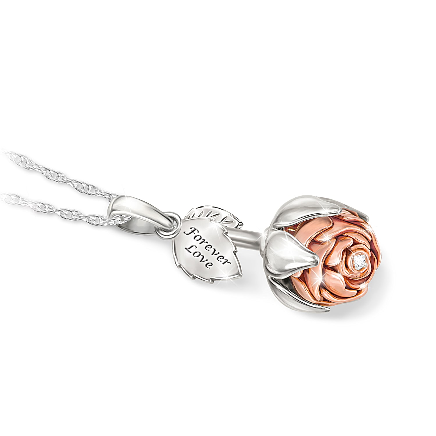 Blooming Rose Of Love Diamond Pendant Necklace With 18K Rose Gold Plated Accents Featuring A Unique Blooming Design With Hidden Romantic Messages