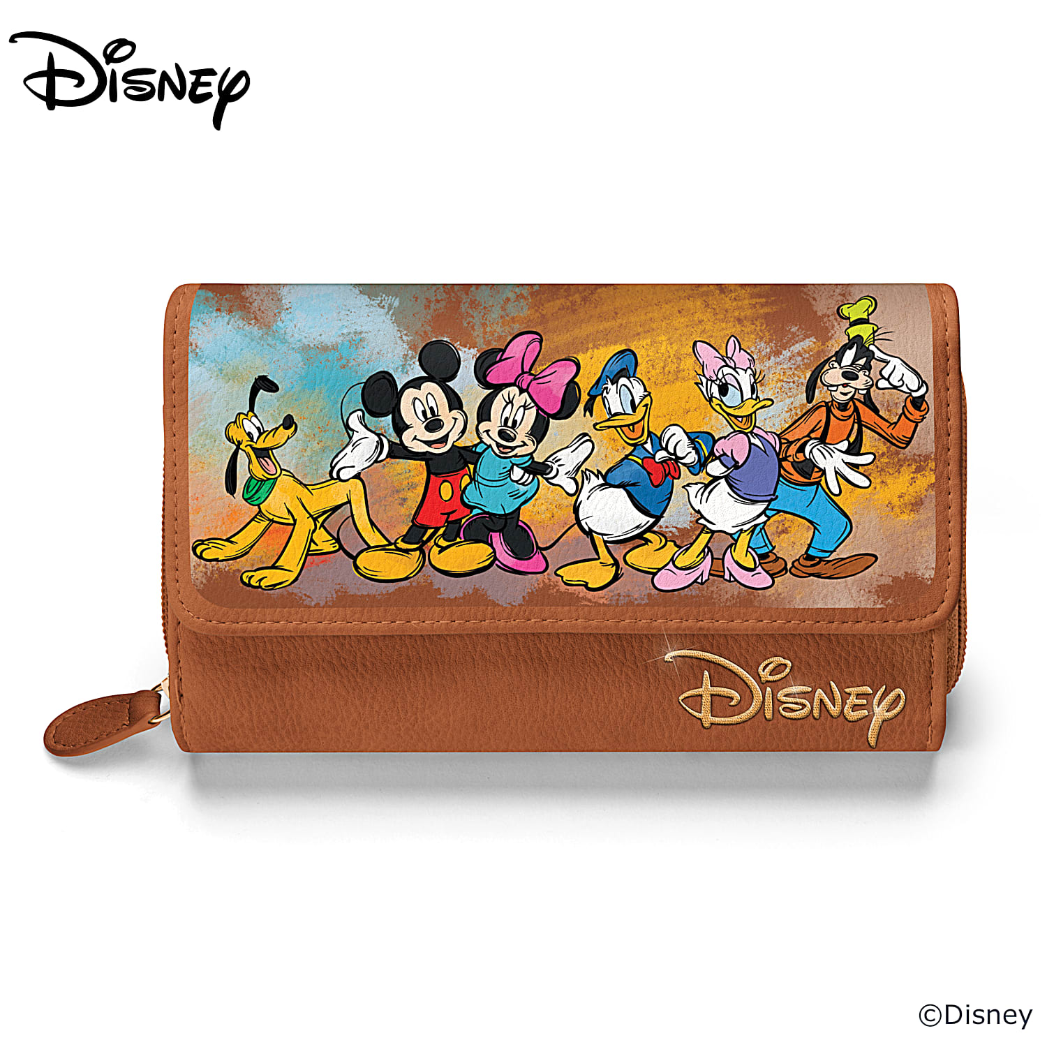 Disney Masterpiece Of Magic Faux Leather Designer Style Trifold Wallet Featuring A Watercolor Print And Artwork Of Over 20 Beloved Disney Characters