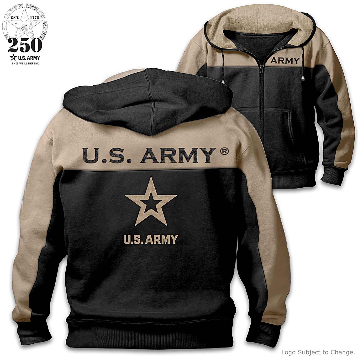 U.S. Army Honor Mens Two-Toned Black And Tan Full-Zip Hoodie