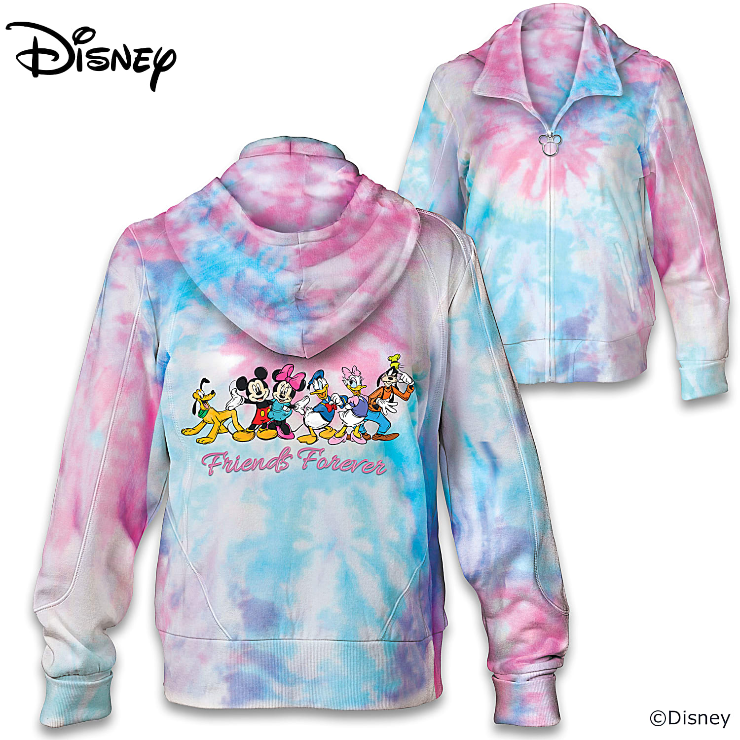 Disney Friends Forever Womens Full Zip Hoodie Featuring A Pink Turquoise And Purple Tie Dye Design With A Mickey Mouse Silhouette Zipper Pull Charm