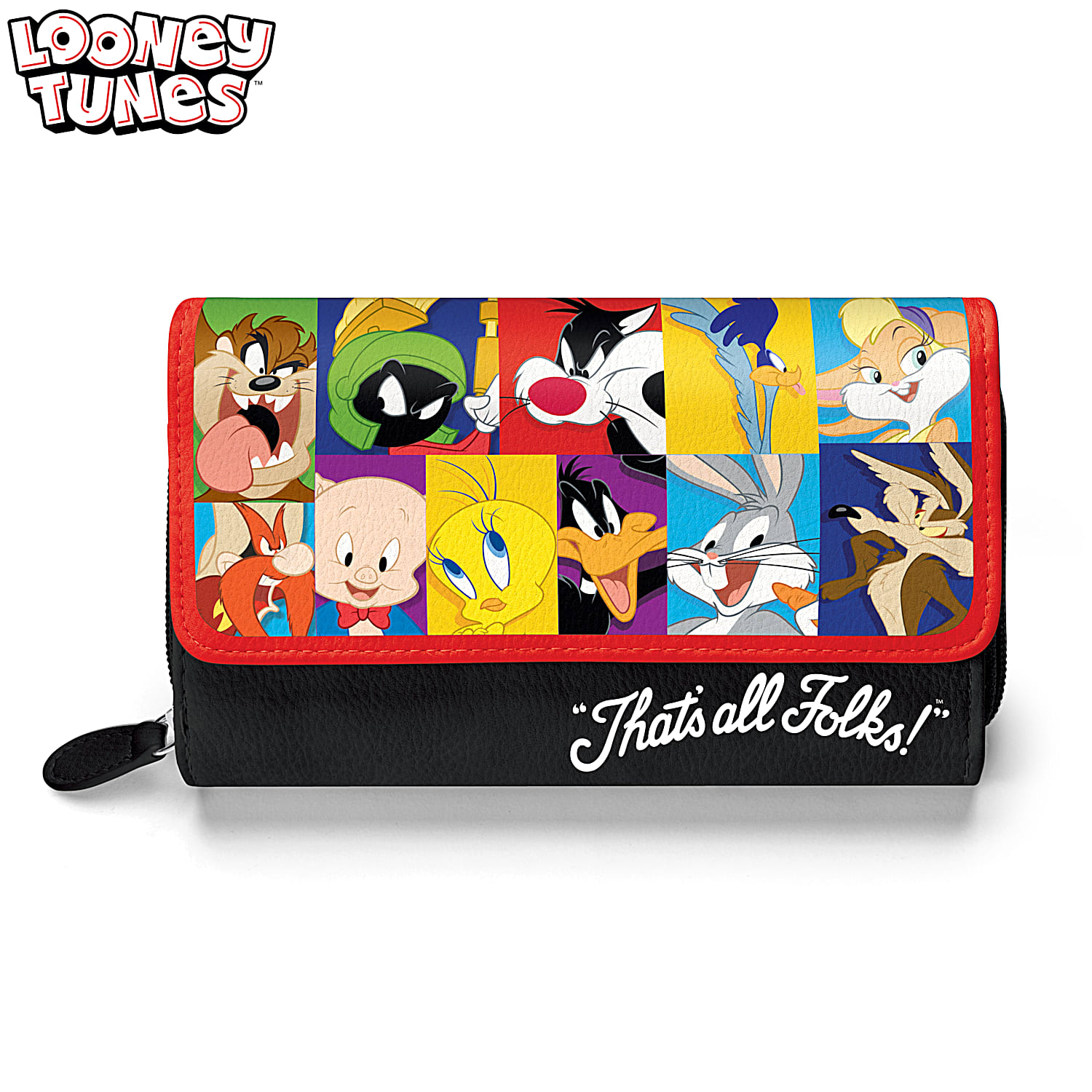 LOONEY TUNES Womens Black Faux Leather Trifold Wallet With Red