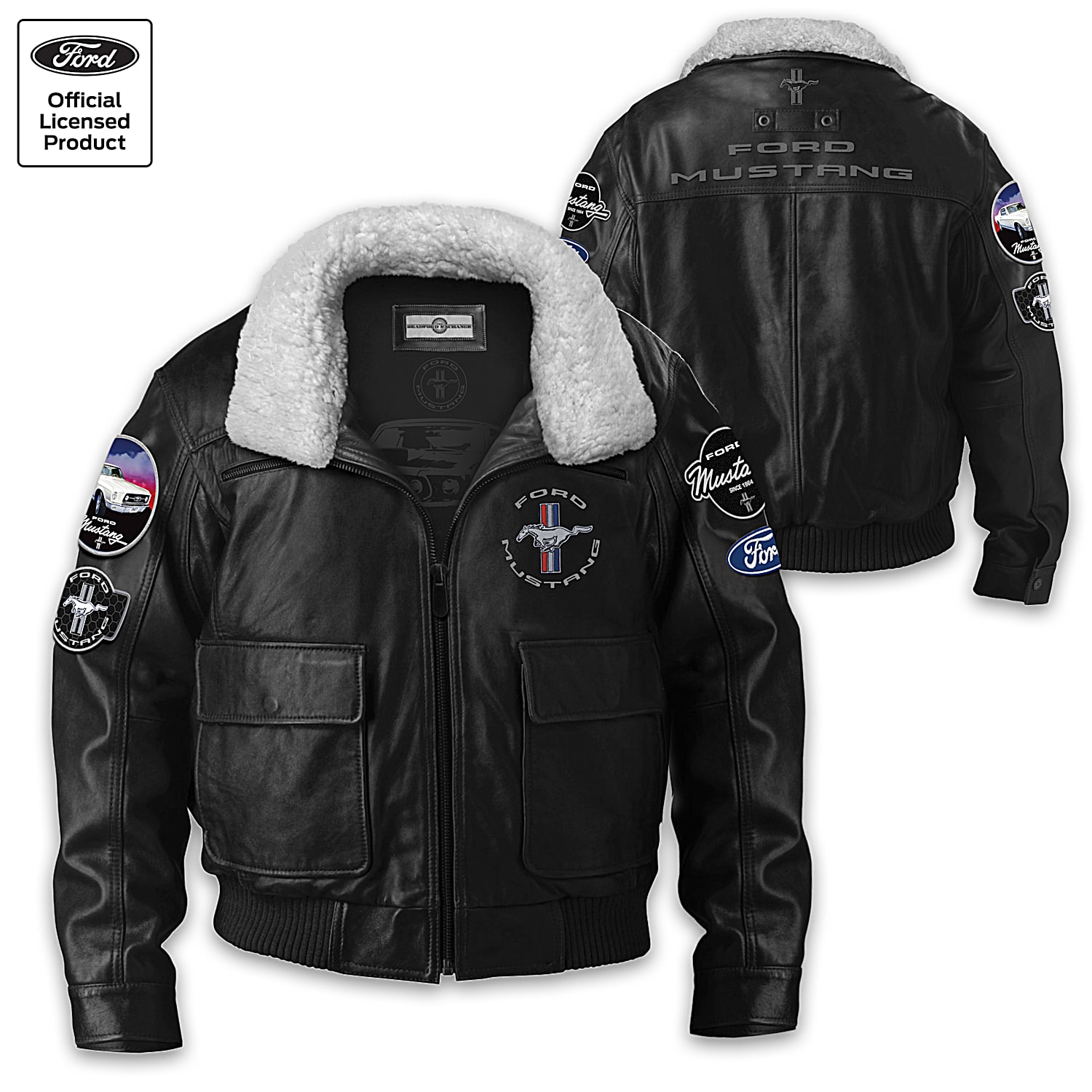 Black Leather Jacket Featuring Ford Mustang Applique Patches And Detachable Sherpa Collar