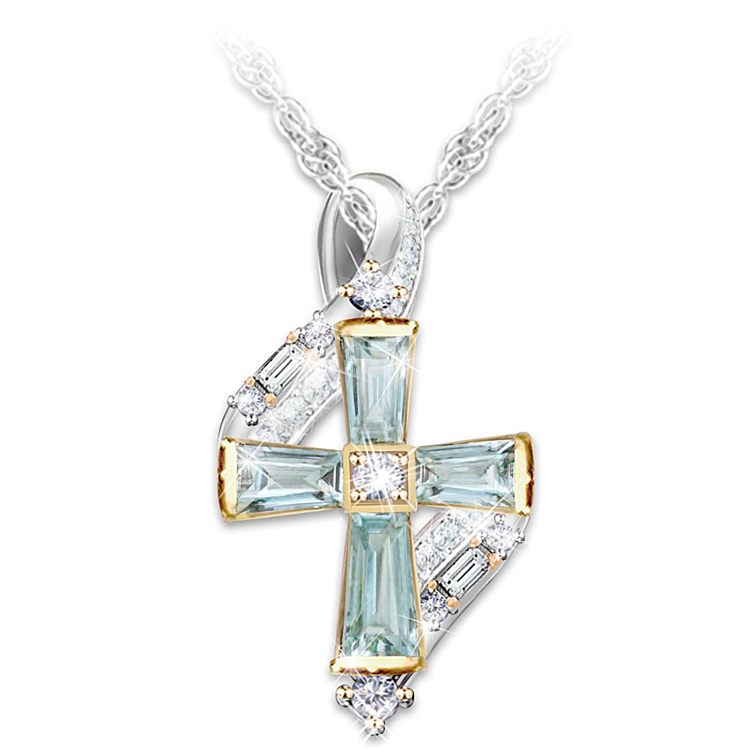 Sterling Silver Pendant With 18K Gold Plated Accents And 4 Blue Topaz Stones In The Shape Of A Cross