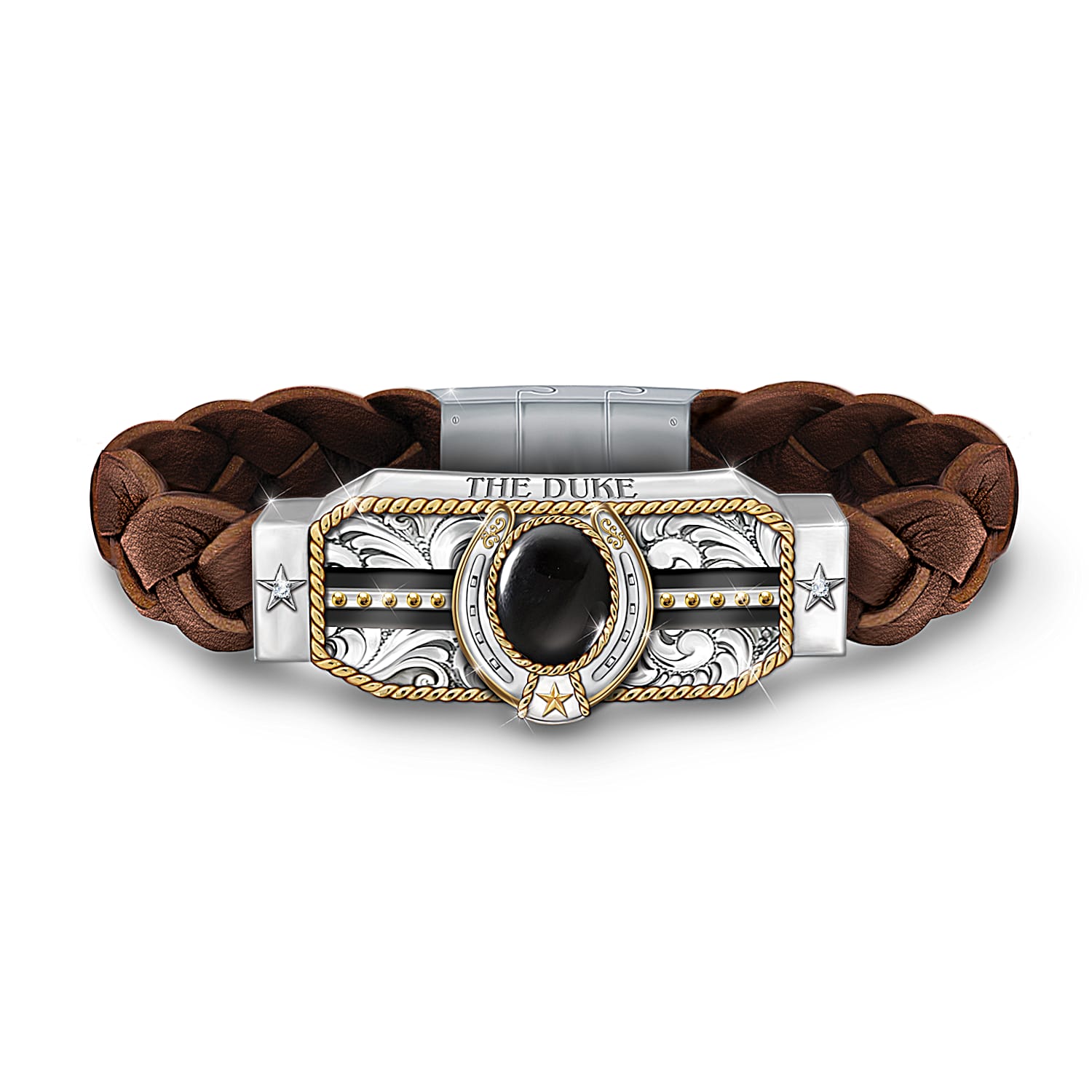 John Wayne Brown Braided Leather Bracelet Adorned With A Black Onyx Cabochon And 2 White Sapphires