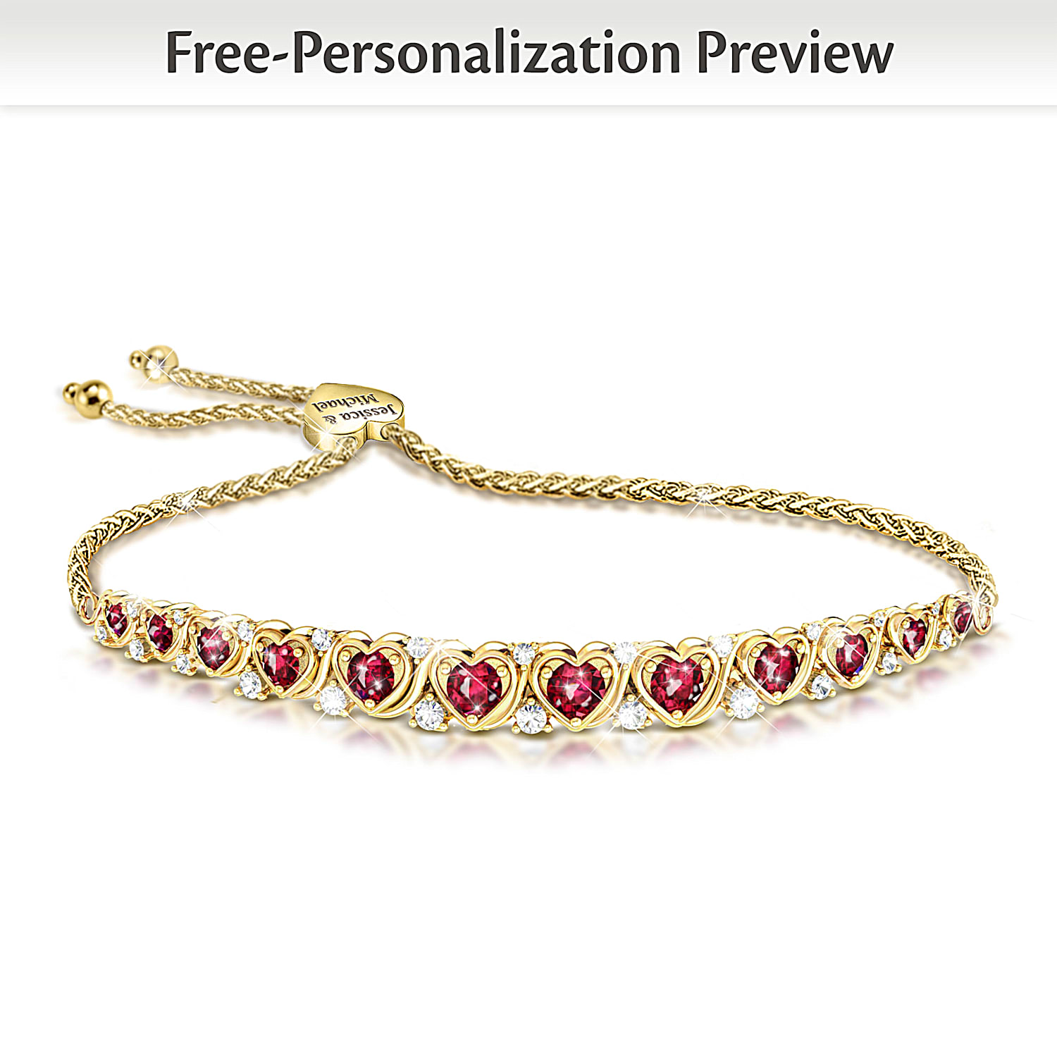 A Dozen Rubies Of Love Personalized 18K Gold Plated Bolo Bracelet Featuring 12 Lab Grown Rubies Set In Hearts And Adorned With 24 White Topaz Accents