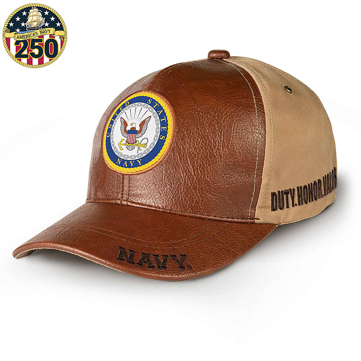 U.S. Navy Strong Mens Brown Faux Leather Adjustable Hat Featuring A U.S. Navy Emblem Patch