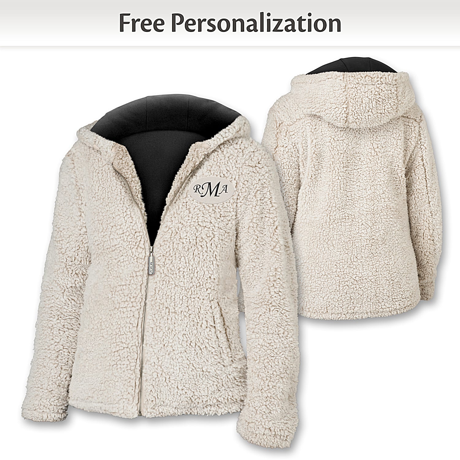 Just My Style Womens Personalized Cream Color Lightweight Sherpa Jacket Lined In A Black Jersey Knit Features 3 Embroidered Initials Of Your Choice