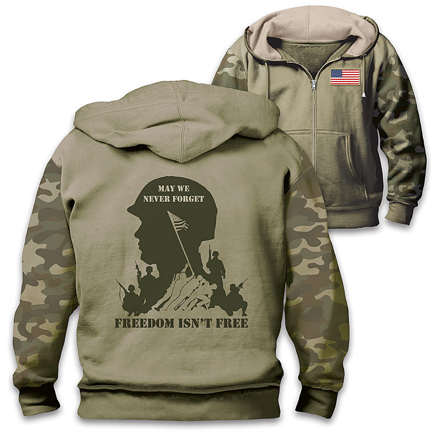Sage Green Hoodie With Camo Print Sleeves Featuring Art Of U.S. Troops Raising An American Flag