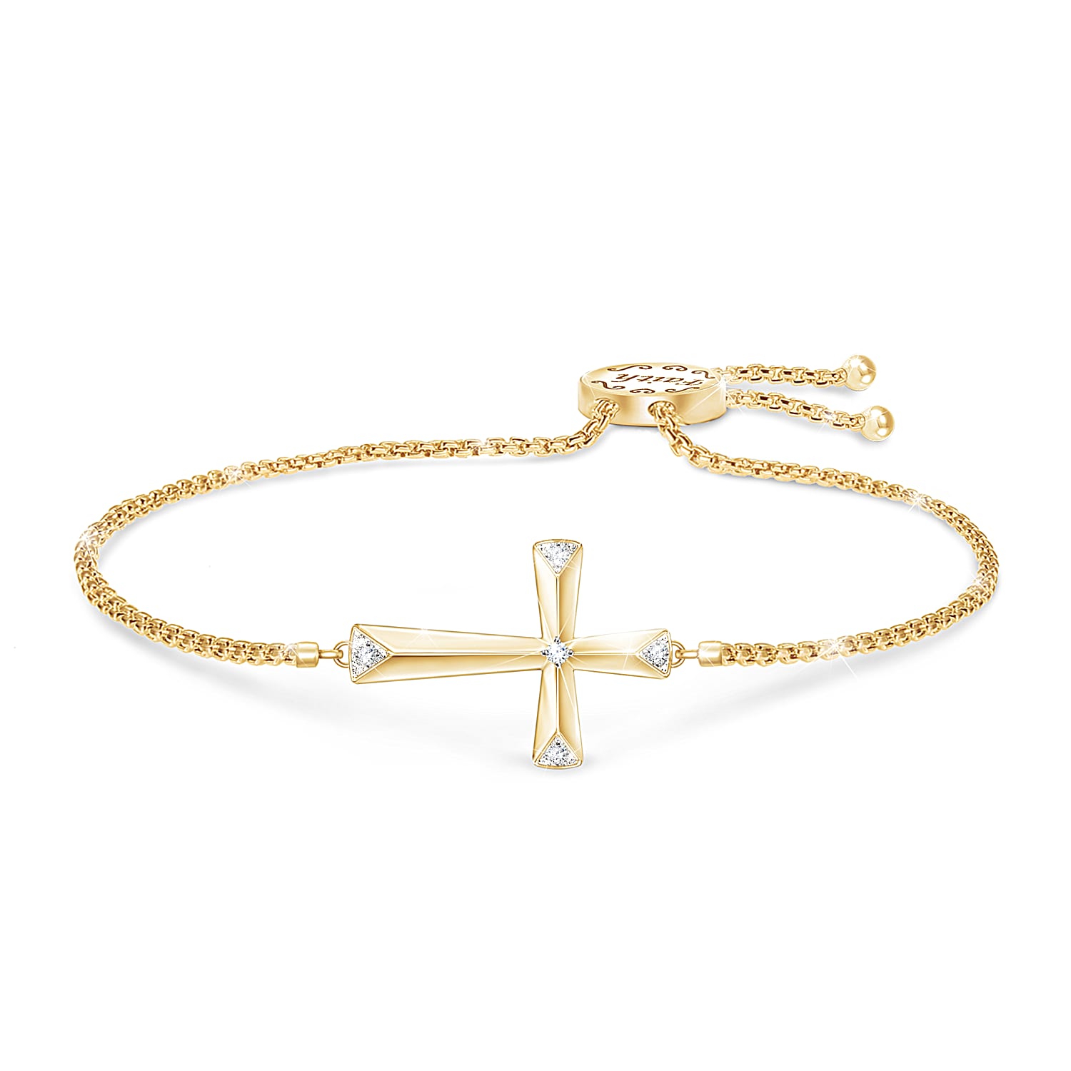 Golden Blessing Of Faith Womens Bolo Bracelet Featuring A Religious Cross Adorned With 5 Diamonds