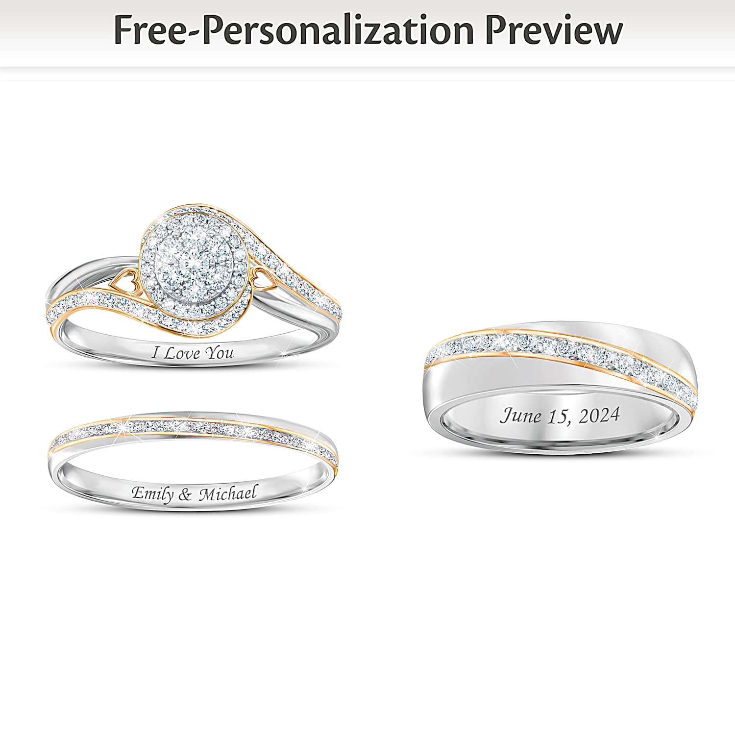 Platinum Plated And 18K Gold Plated Ring Set With An Engagement Ring Or His And Hers Wedding Bands