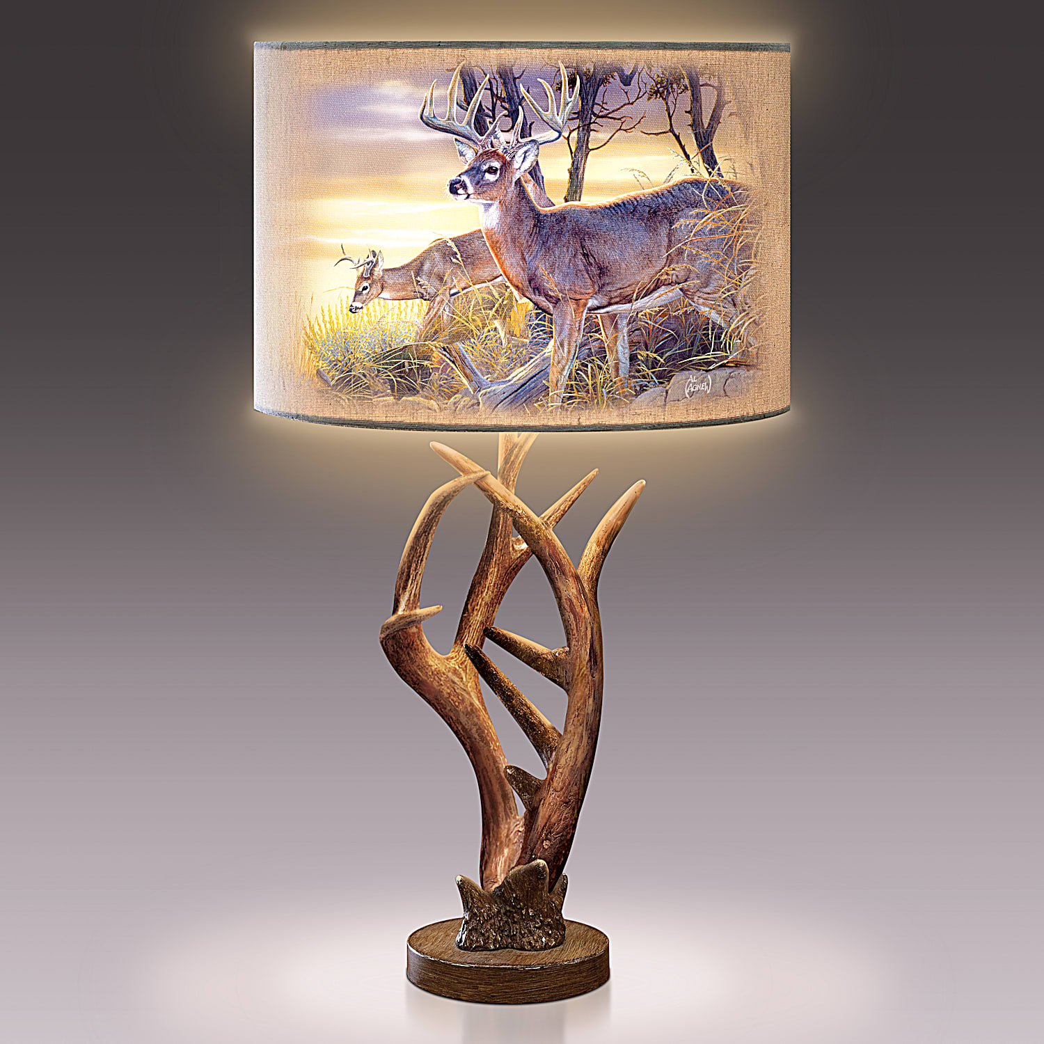 Forest Majesty Sculpted Antler Lamp With Hand Painted Base Featuring Deer Art On The Fabric Drum Shade By Artist Al Agnew