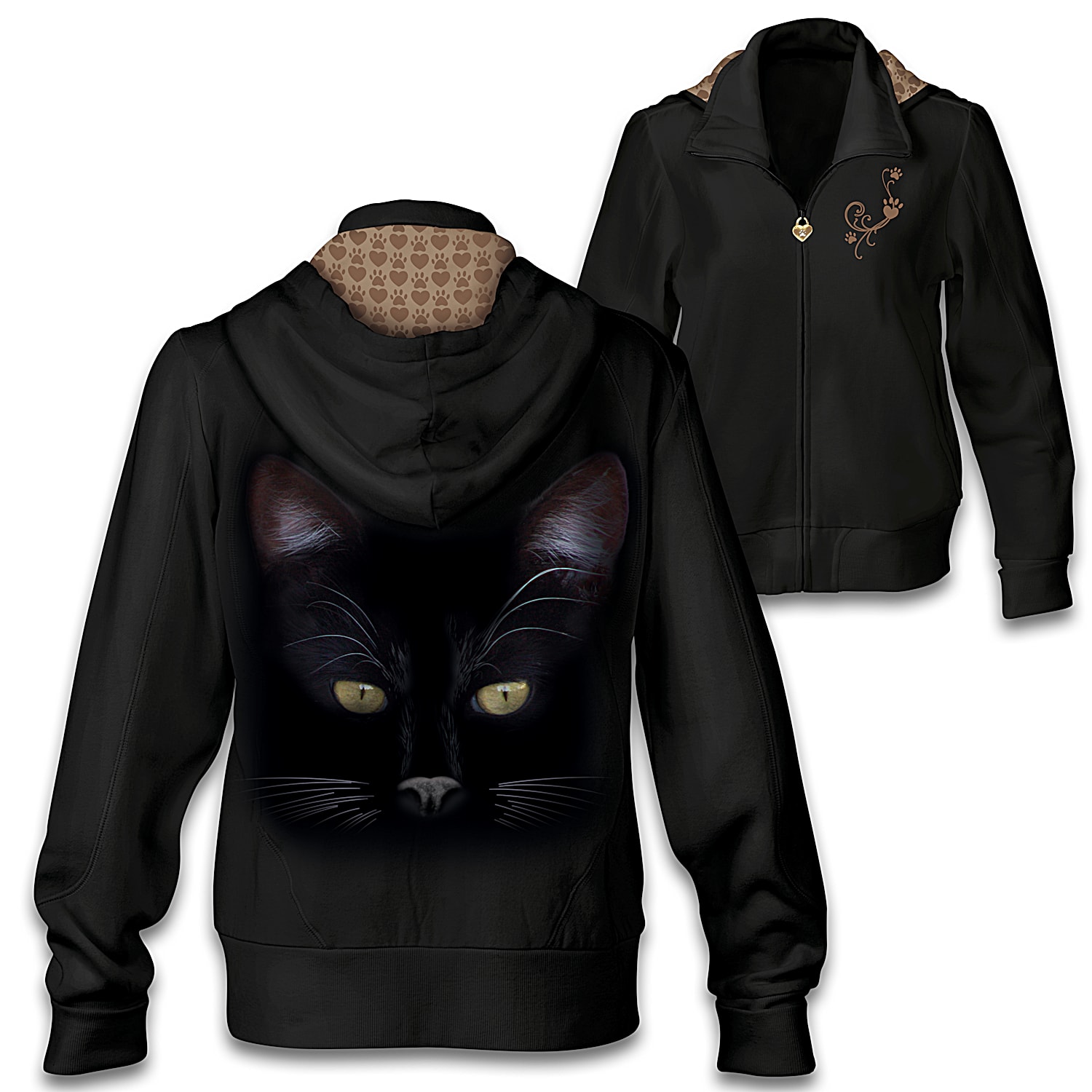 MystiCool Cat Black Cotton Blend Knit Hoodie Featuring Cat Art