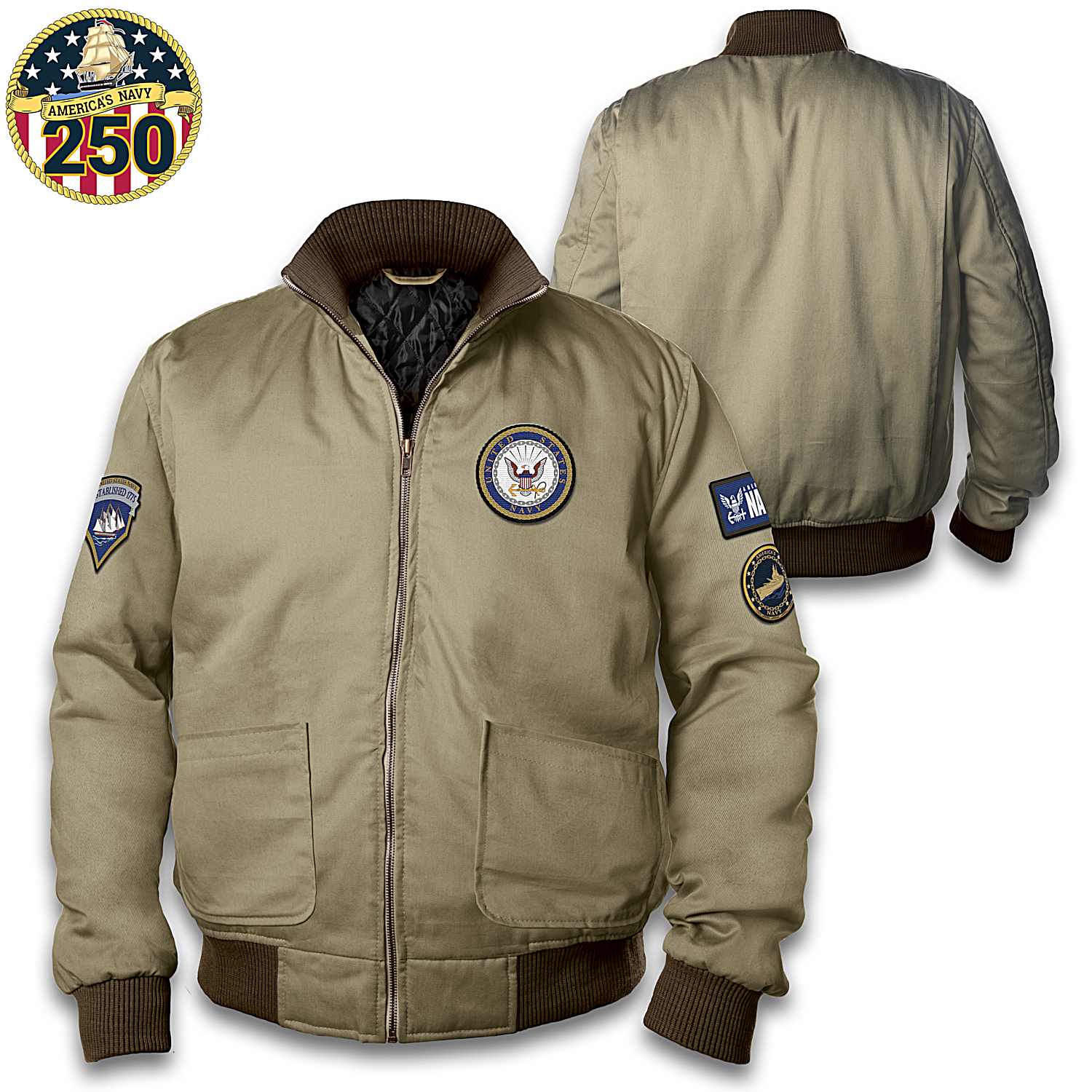 U.S. Navy Mens Full-Zip Khaki Bomber Jacket Featuring 4 Embroidered  Applique U.S. Navy Patches