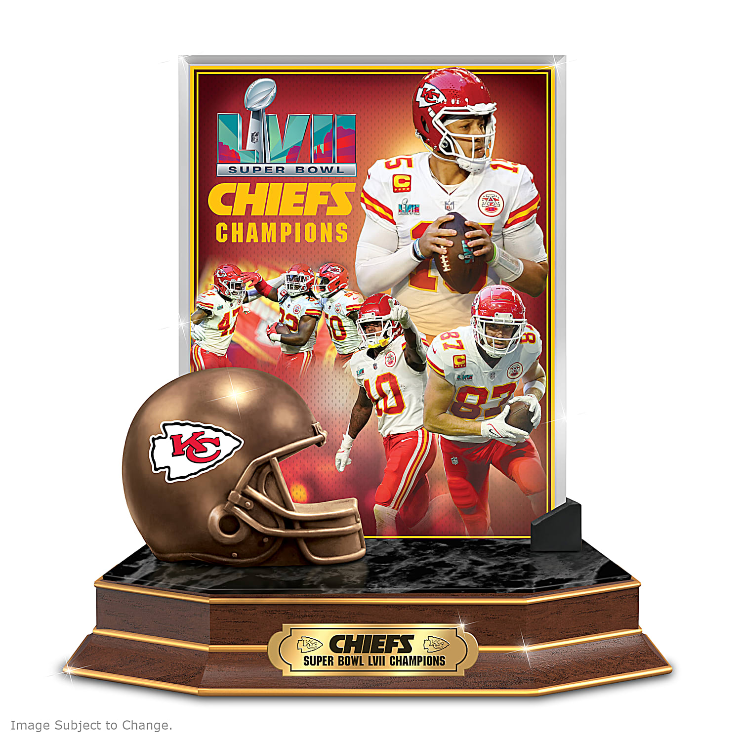 Kansas City Chiefs Champions NFL Sculpture Featuring A Beveled Glass Panel  With A Full-Color Montage, Super Bowl LVII Logo And Fully Dimensional Helmet