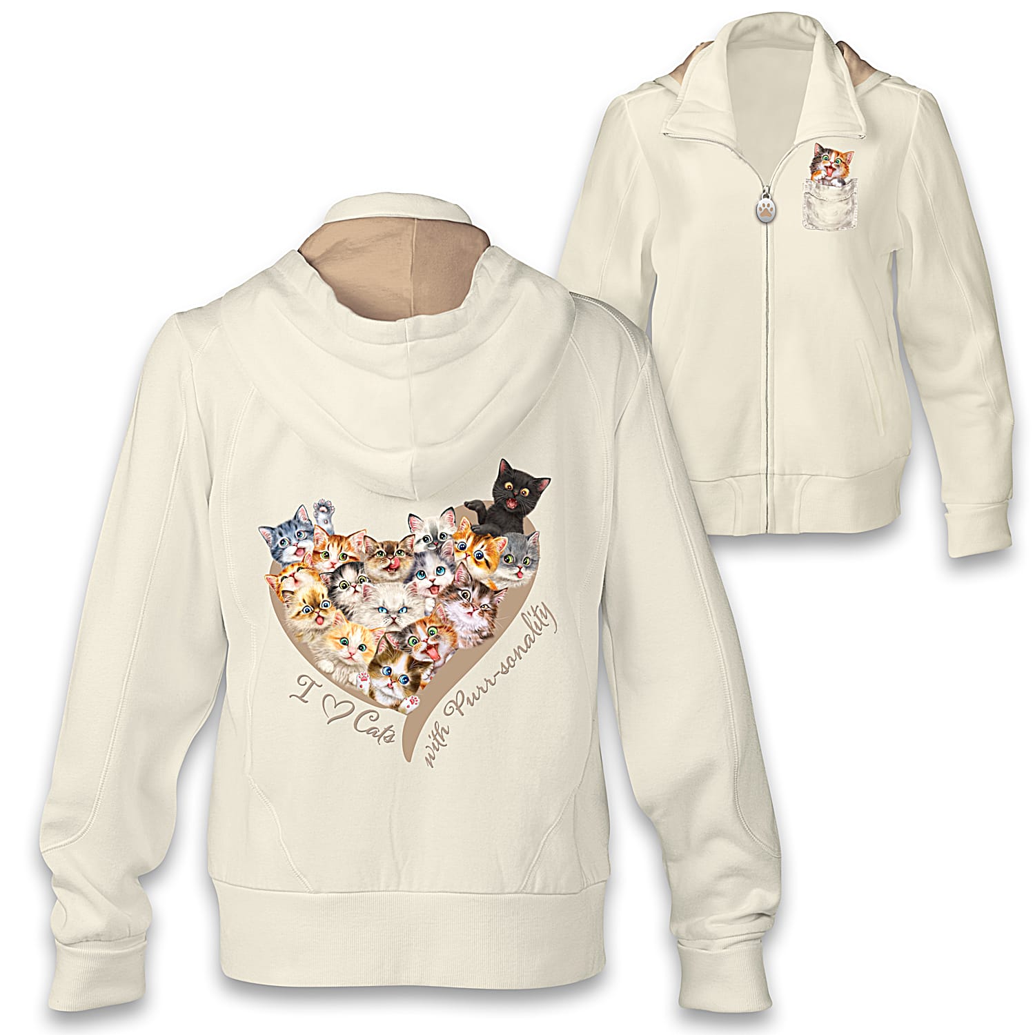 Ivory Cat-Themed Hoodie Featuring A Paw Print Zipper Pull And Adorned With  Cat Art By Kayomi Harai