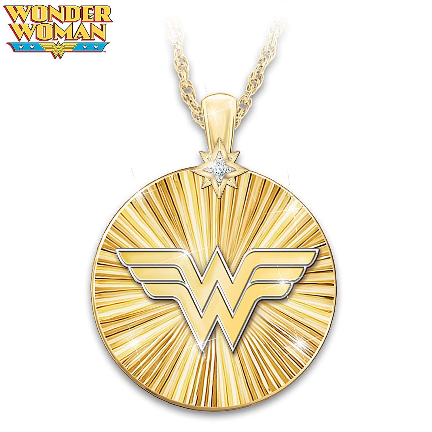 DC Comics 18K Gold Plated Round Wonder Woman Pendant Necklace Adorned With A Diamond Accent