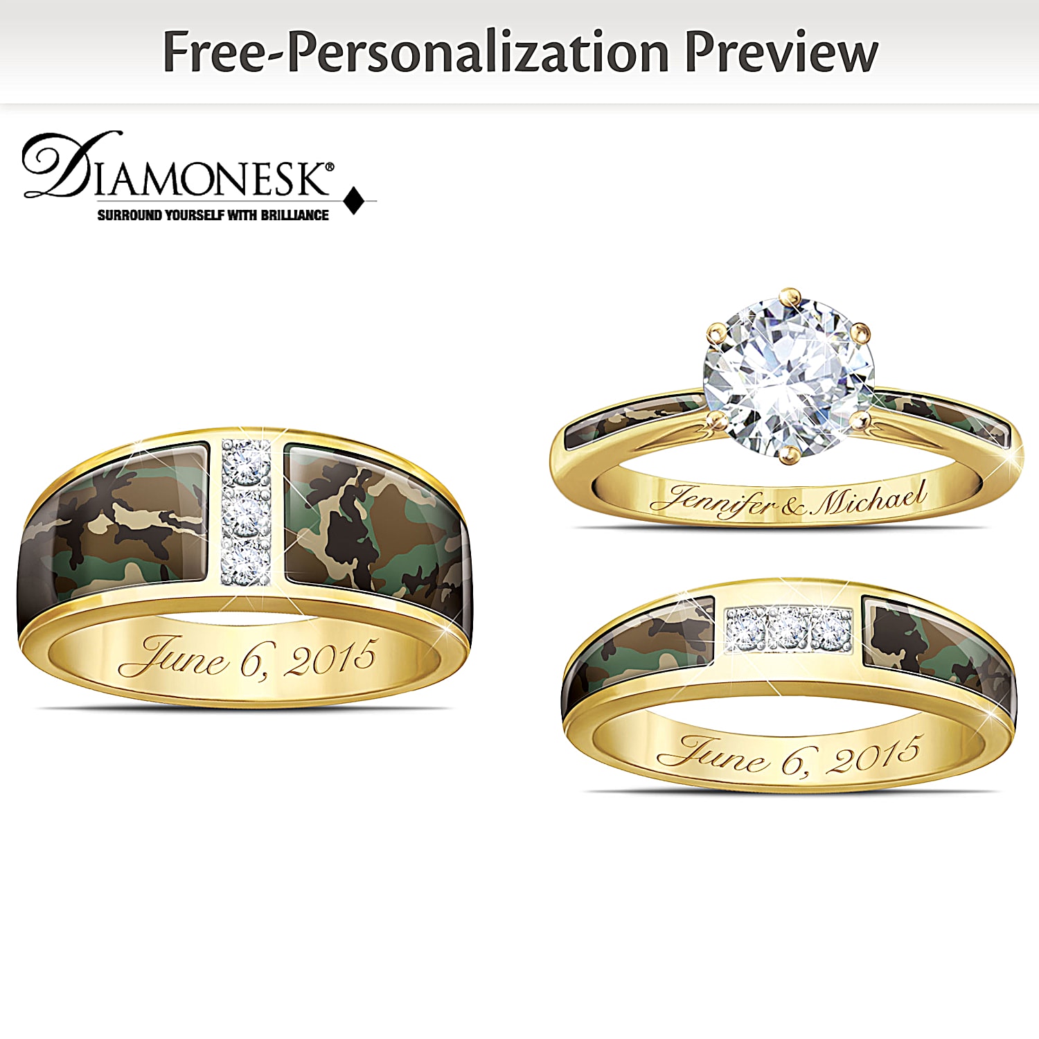 His And Hers Personalized 18K Gold Plated Camo Wedding Ring Set Adorned With Simulated Diamonds