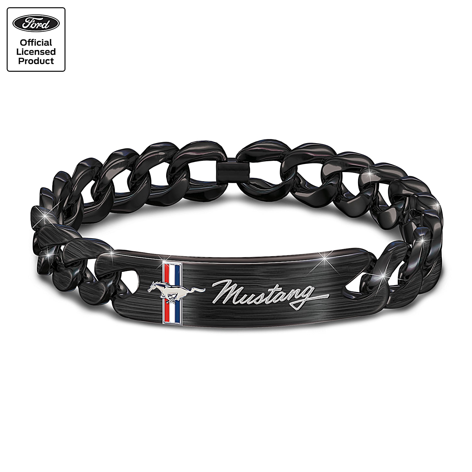 Stainless Steel Black Ion-Plated Chain Bracelet Adorned With Ford Mustang Running Pony Tribar Logo Stainless Steel Black Ion-Plated Chain Bracelet Adorned With Ford Mustang Running Pony Tribar Logo