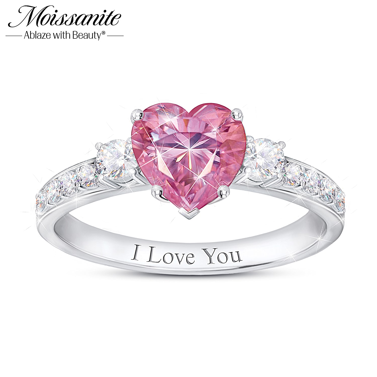 Womens Romantic Platinum Plated Ring Adorned With A Heart Shaped Pink Moissanite Center Stone