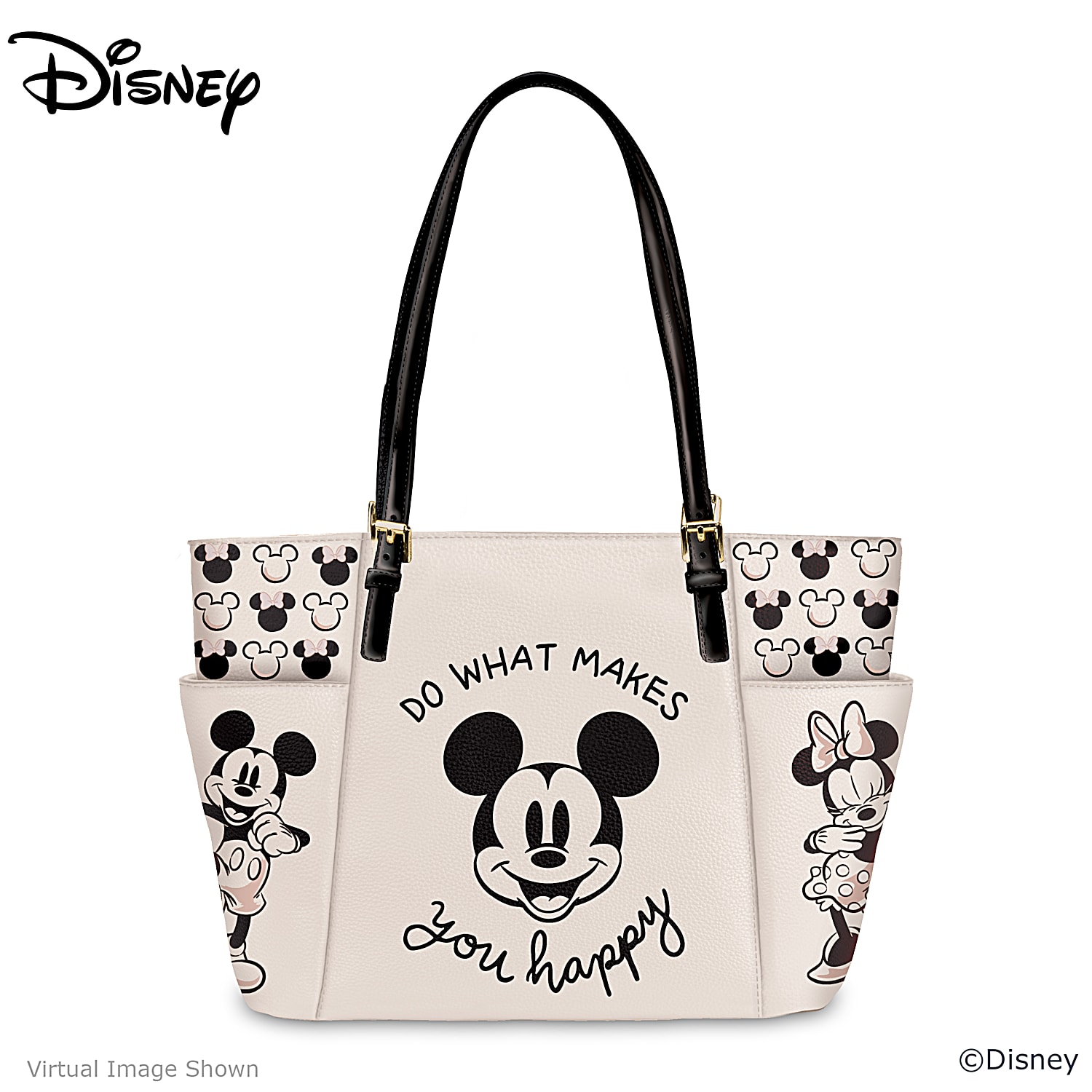 Womens Ivory Faux Leather Tote Bag Adorned With Disneys Mickey Mouse And Minnie Mouse Art