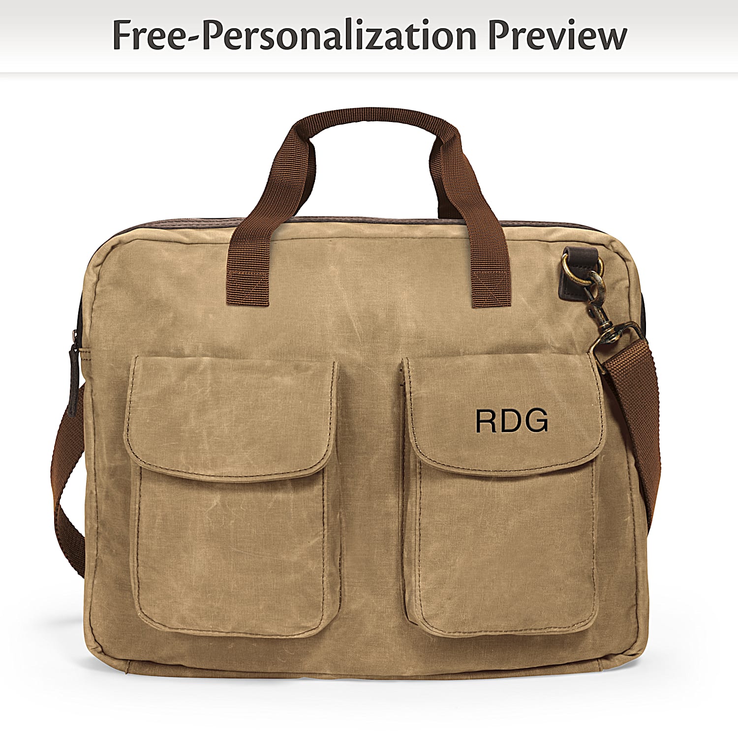 Khaki Canvas Messenger Tote Bag Featuring A Removable Shoulder Strap And Personalized With Your Name