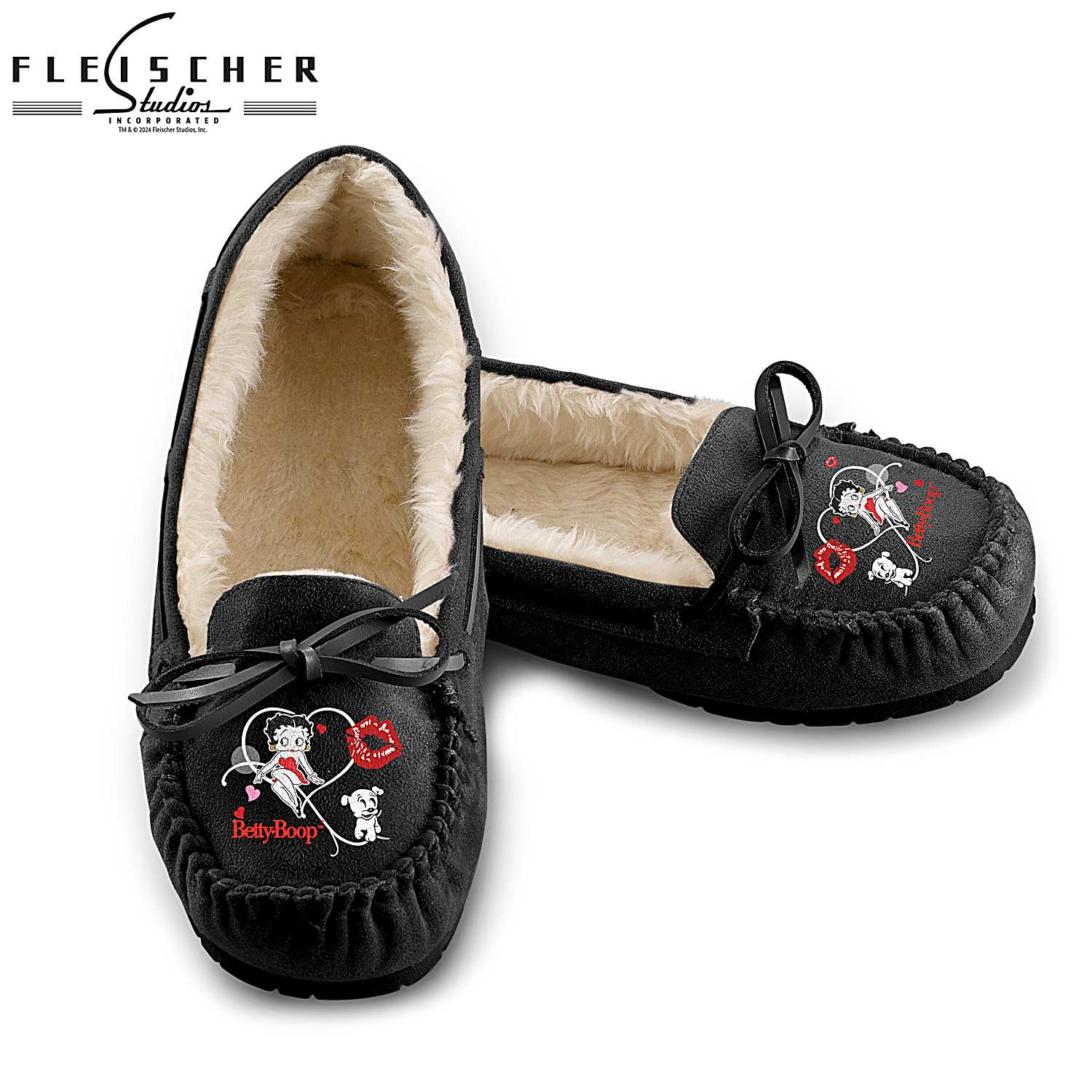 Womens Black Suede Moccasin Style Slippers With Faux Fur Lining And Adorned With Betty Boop Art
