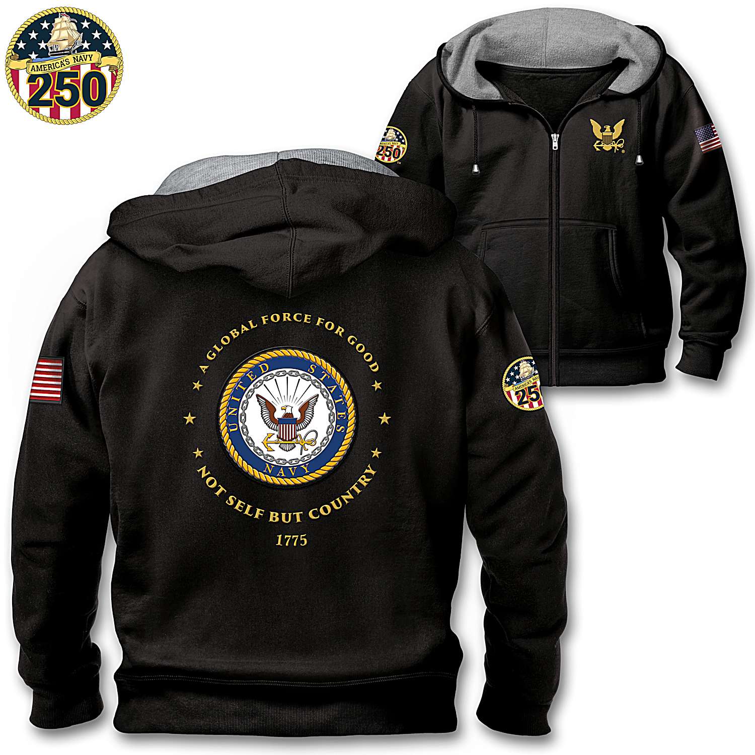 Mens Black U.S. Navy Full-Zip Hoodie With An Applique Patch