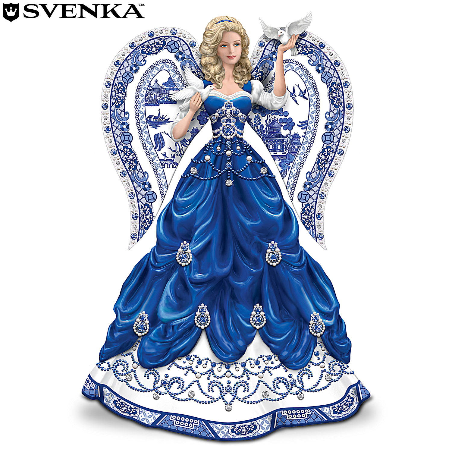 Sparkling Blue Willow China Pattern Lady Figurine