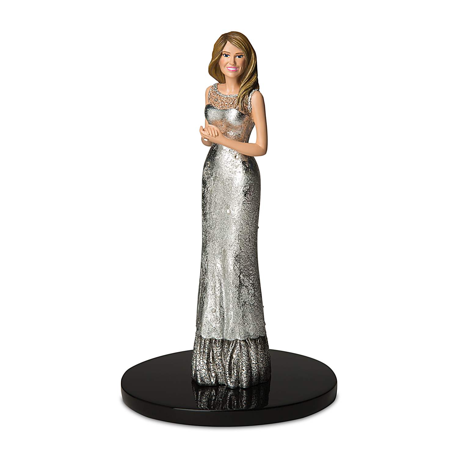 Hand Painted Melania Trump Figurine Featuring A Silvery Evening Gown Adorned With Swarovski Crystals
