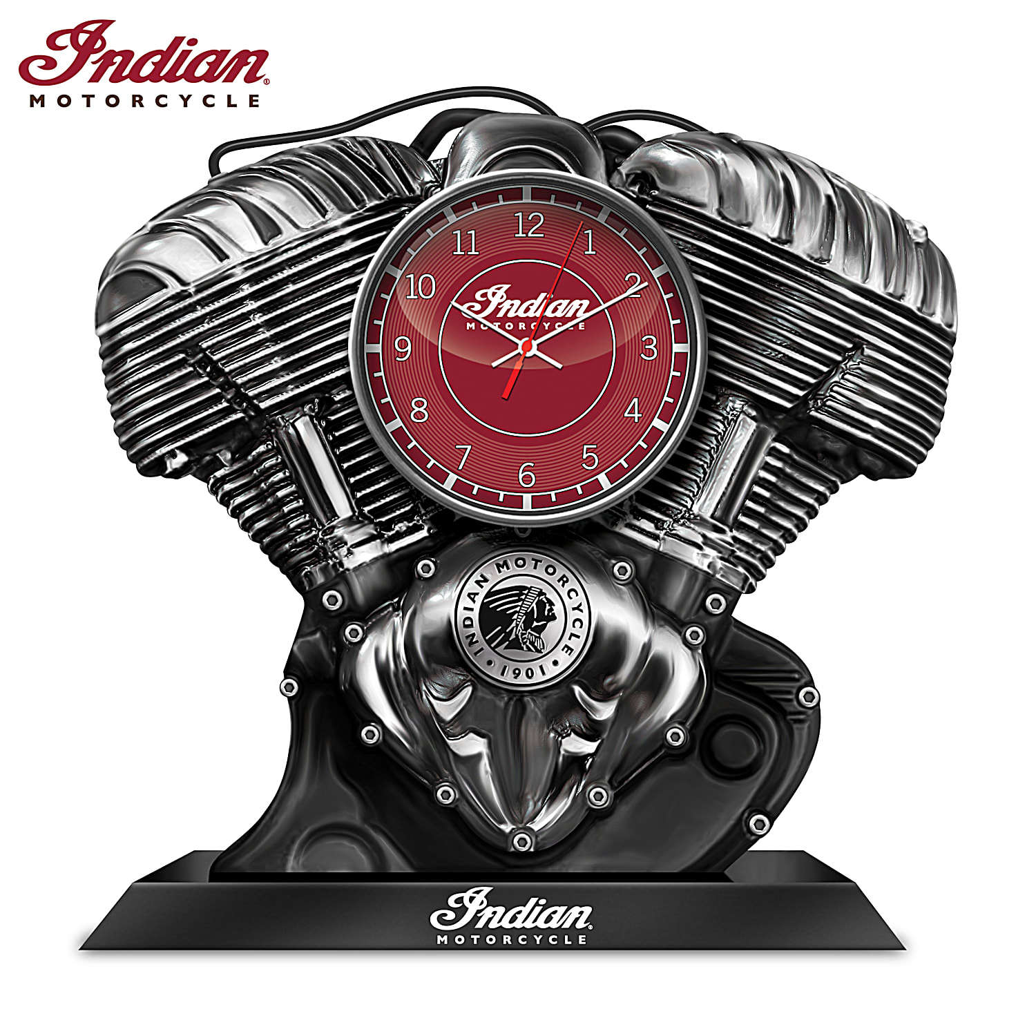 Indian Motorcycle V Twin Thunderstroke 111 Engine Desk Clock Featuring A High Polished Chrome Look Finish Plays Real Engine Sounds