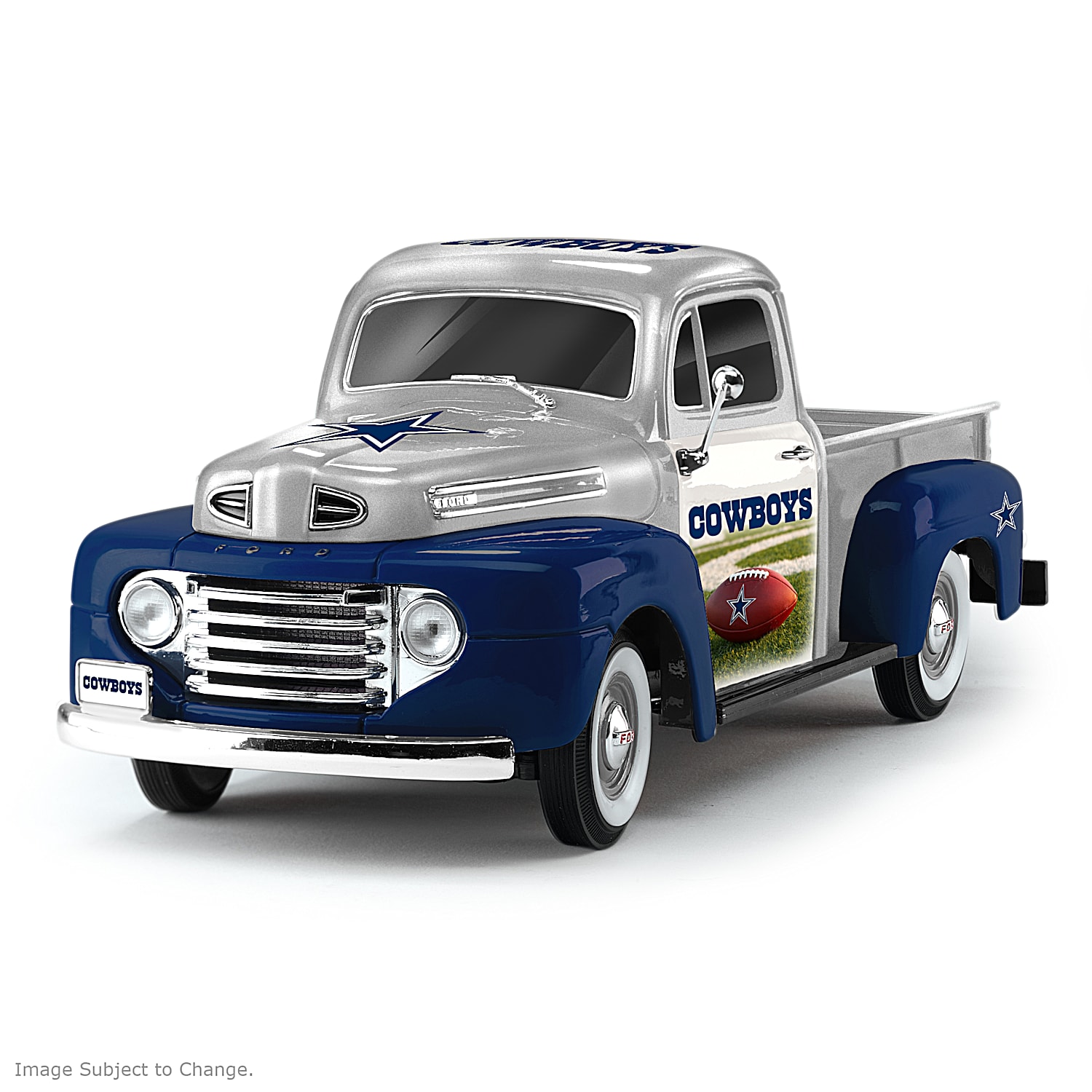 Silver And Blue Dallas Cowboys Ford Pickup Sculpture Featuring A Chrome Look Trim And Truck Bed With The Logos From The Dallas Super Bowl Wins