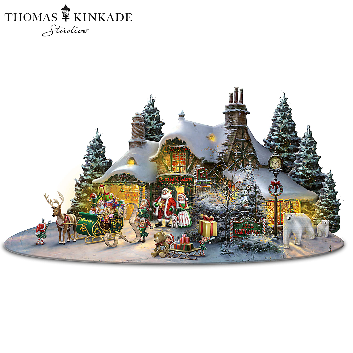 Hand-Painted Village Christmas Set Inspired By Thomas Kinkade Art Featuring  An Illuminated Bed And Breakfast, Santas Workshop, Church And House