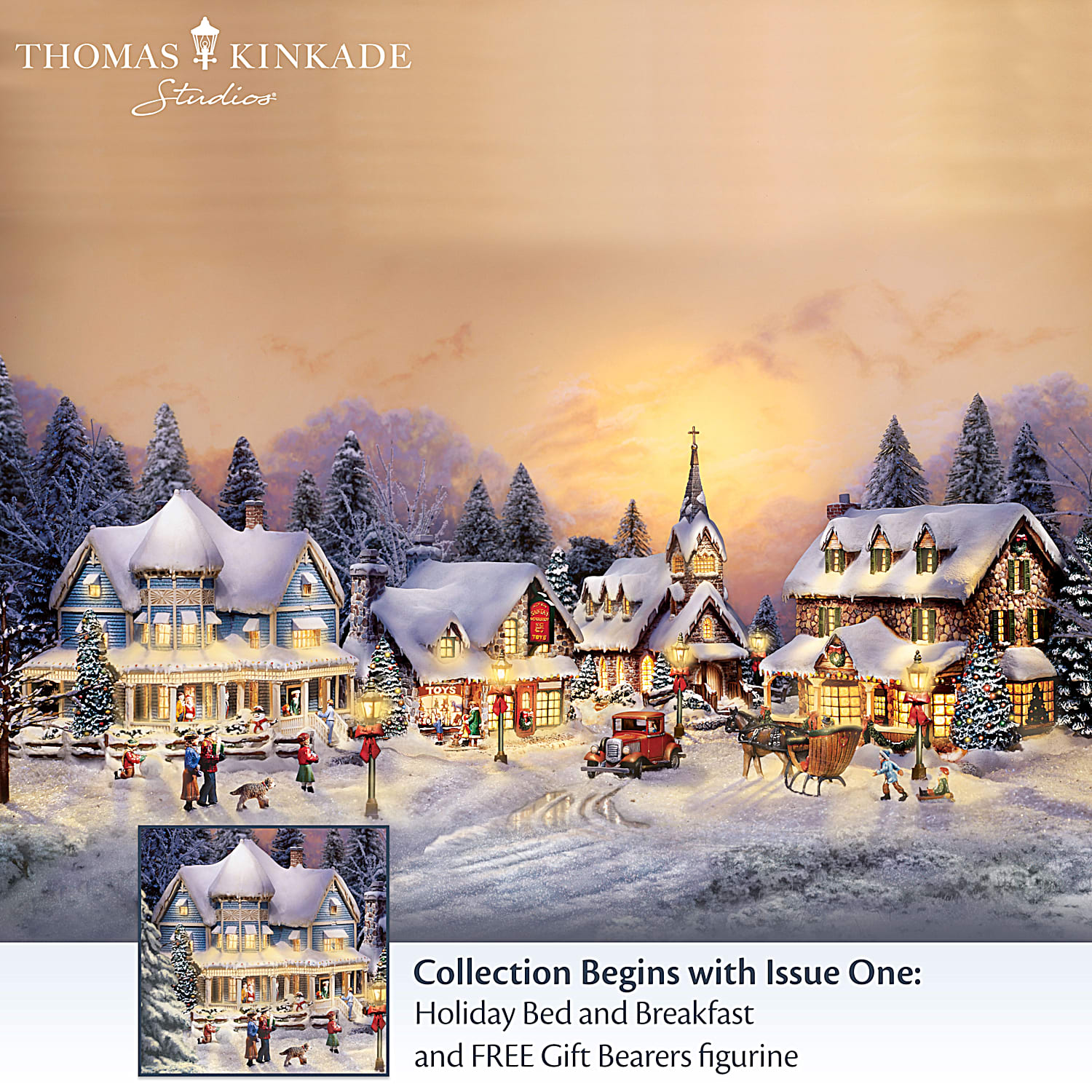 Hand-Painted Village Christmas Set Inspired By Thomas Kinkade Art Featuring  An Illuminated Bed And Breakfast, Santas Workshop, Church And House