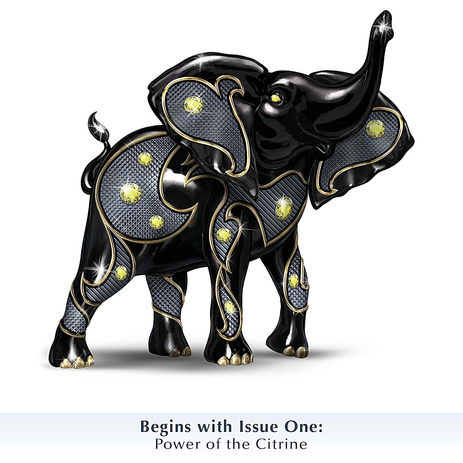Artist Keith Mallett Empowering Crystal Elegance Ebony Elephant Figurine  Collection Hand-Painted & Adorned With Faux Gemstones