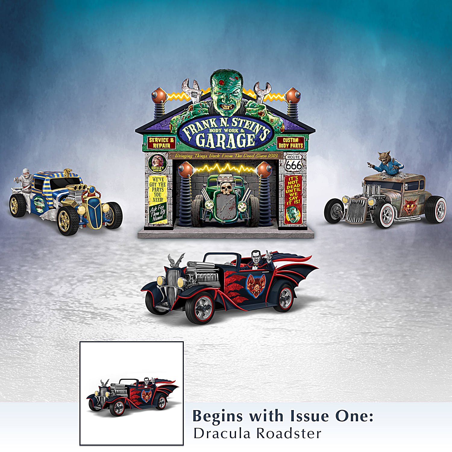 Hand-Painted Monster Garage Sculpture Collection Featuring A Dracula  Roadster, Mummy Wagon And More