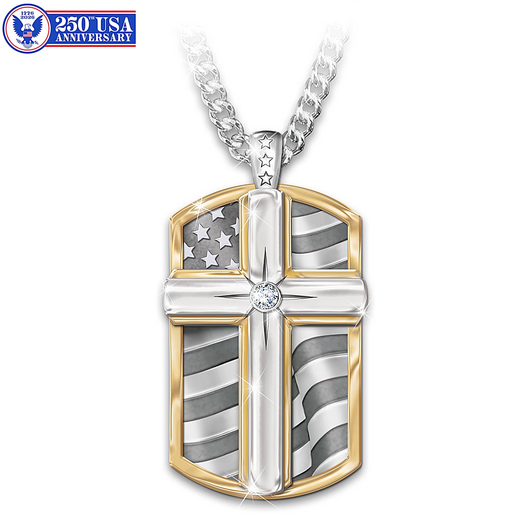 24K Gold Ion-Plated Dog Tag-Style Cross Pendant Adorned With An