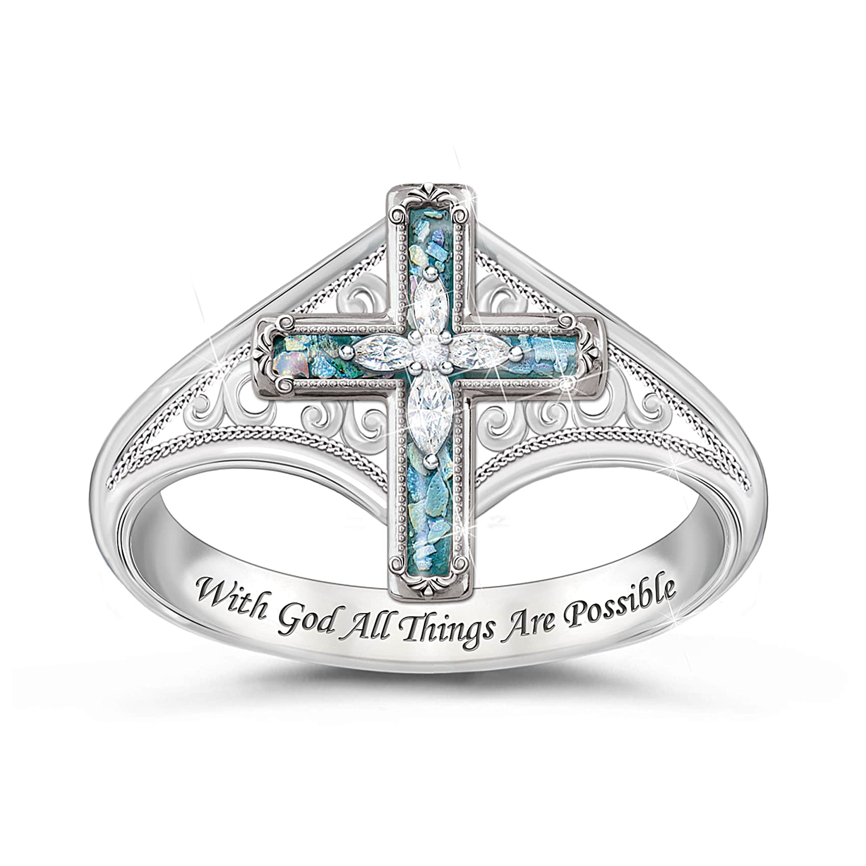Sterling Silver Christian Cross Ring Adorned With White Topaz And 