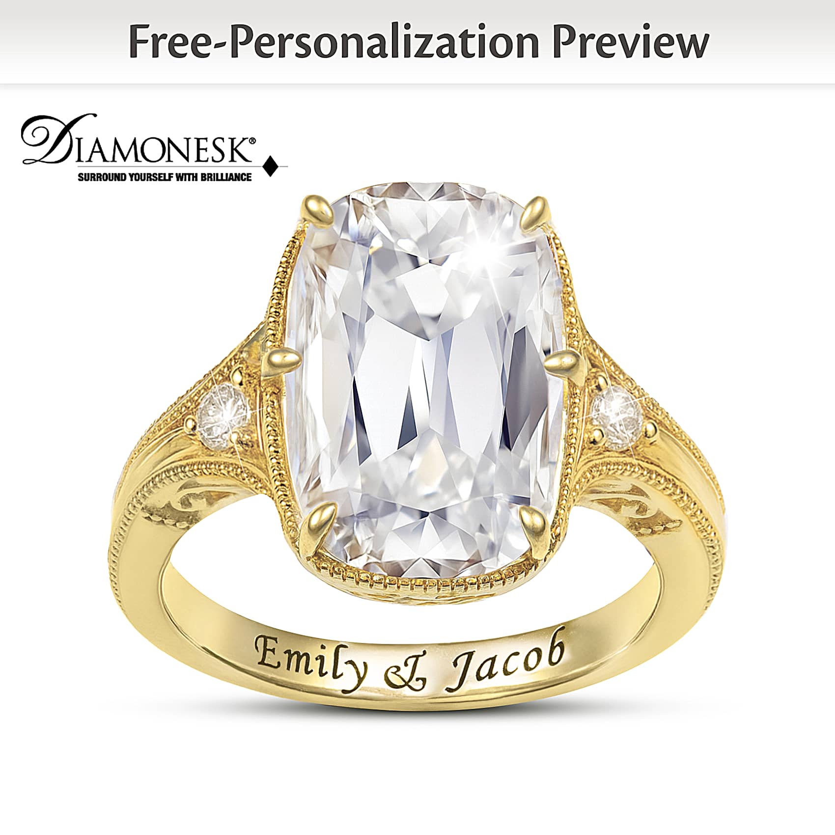 18K Gold-Plated Ring With Elongated Old Mine Cushion-Cut Simulated