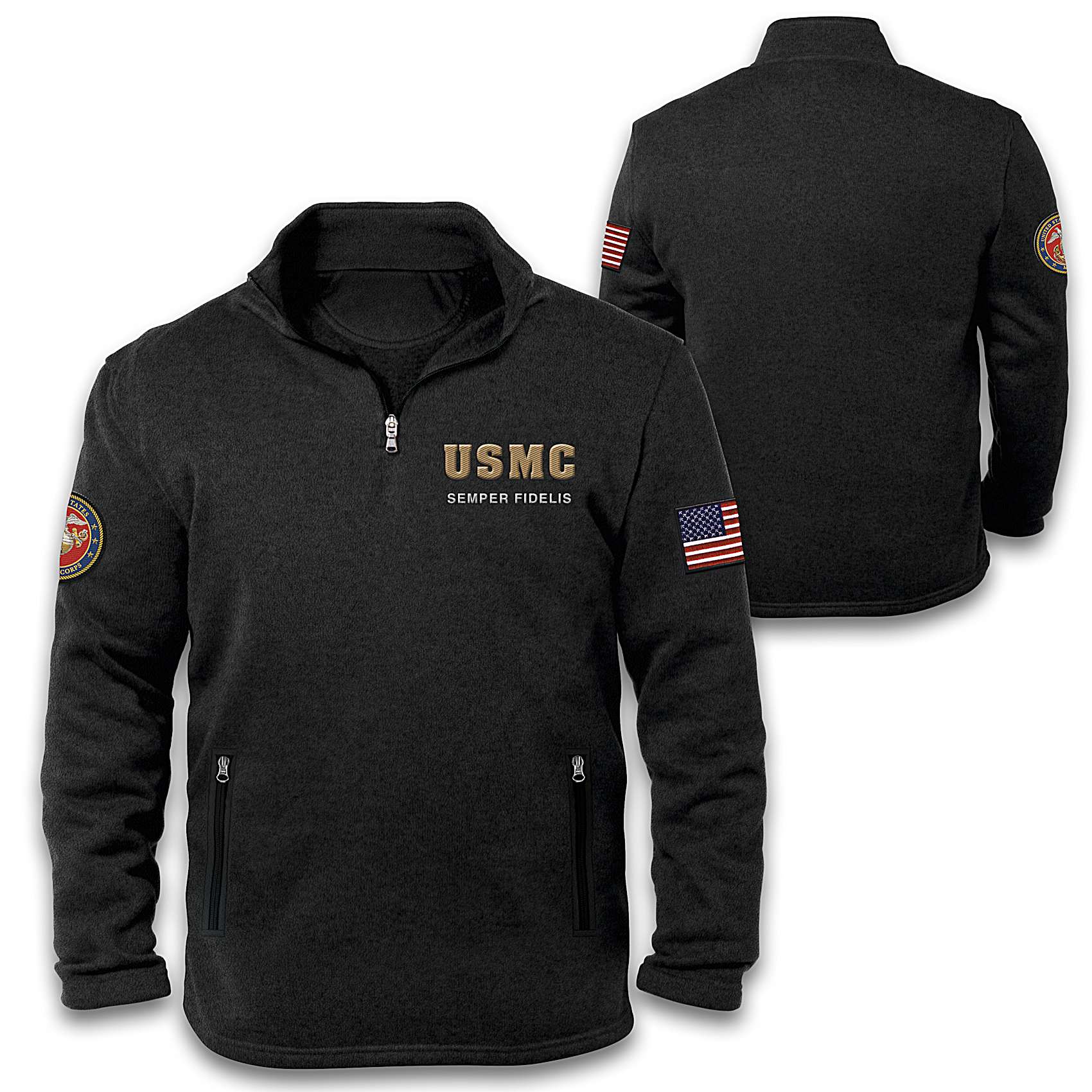 “UNITED STATES MARINE CORPS アメリカ軍　USMC U.S. Marines Black Fleece Quarter Zip Pullover With American Flag
