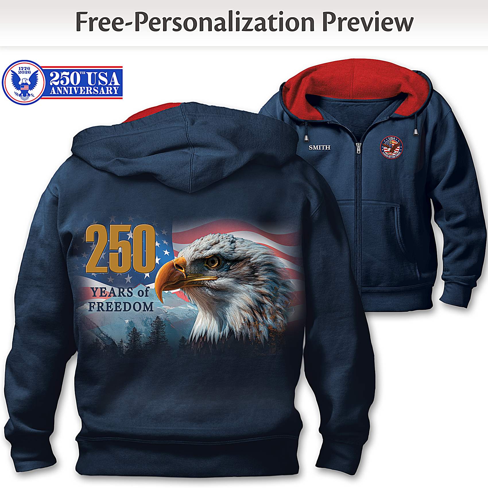 Mens Blue And Red Full-Zip Hoodie Adorned With Patriotic Eagle Art 