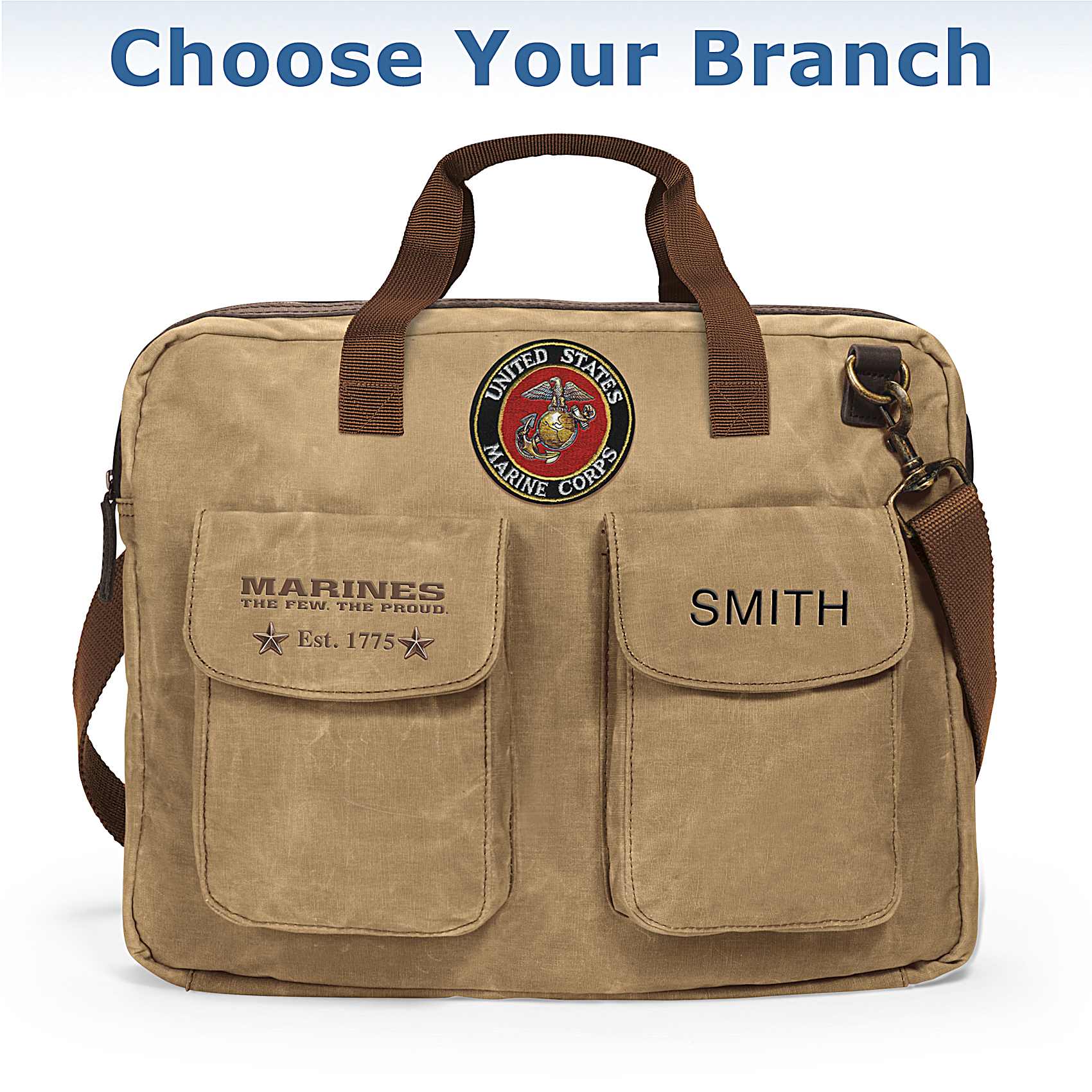 Mens Khaki Canvas Messenger Bag With Military Branch Patch And