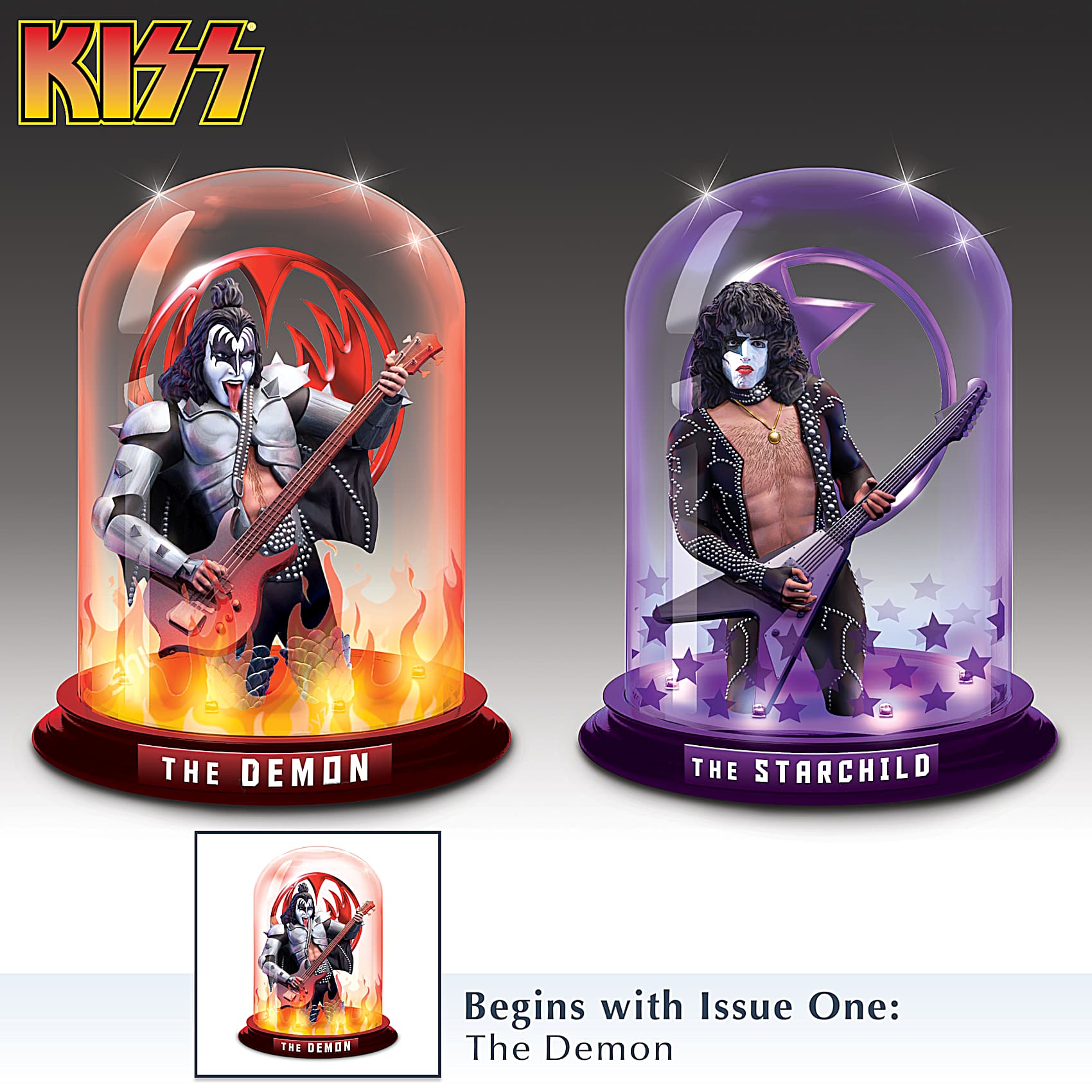 Illuminated KISS Sculptures Encased In Glass Domes Decorated With